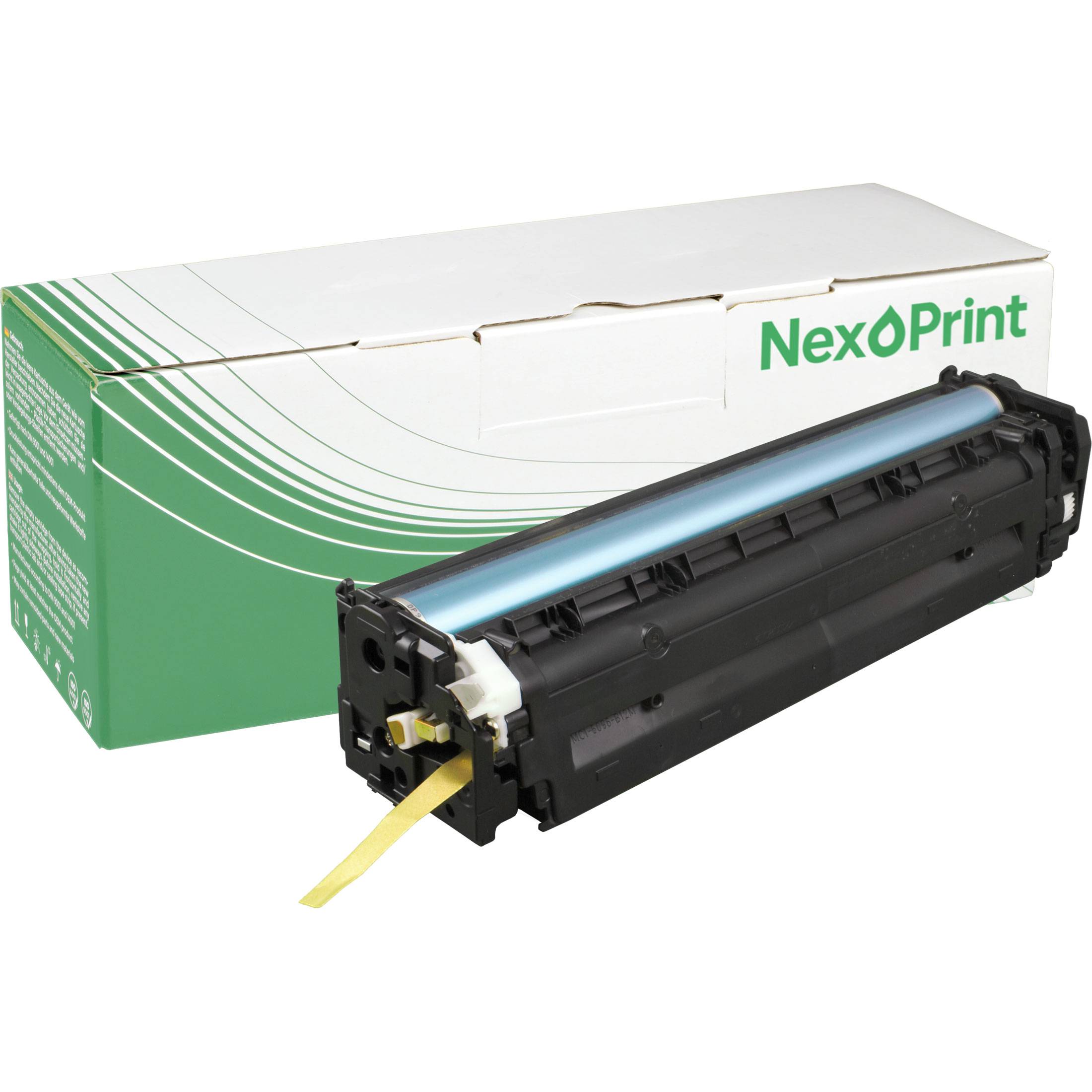 Eine Druckertonerkassette, die vor einer NexPrint-Markenverpackung platziert ist und deren Design und Verpackung zeigt.