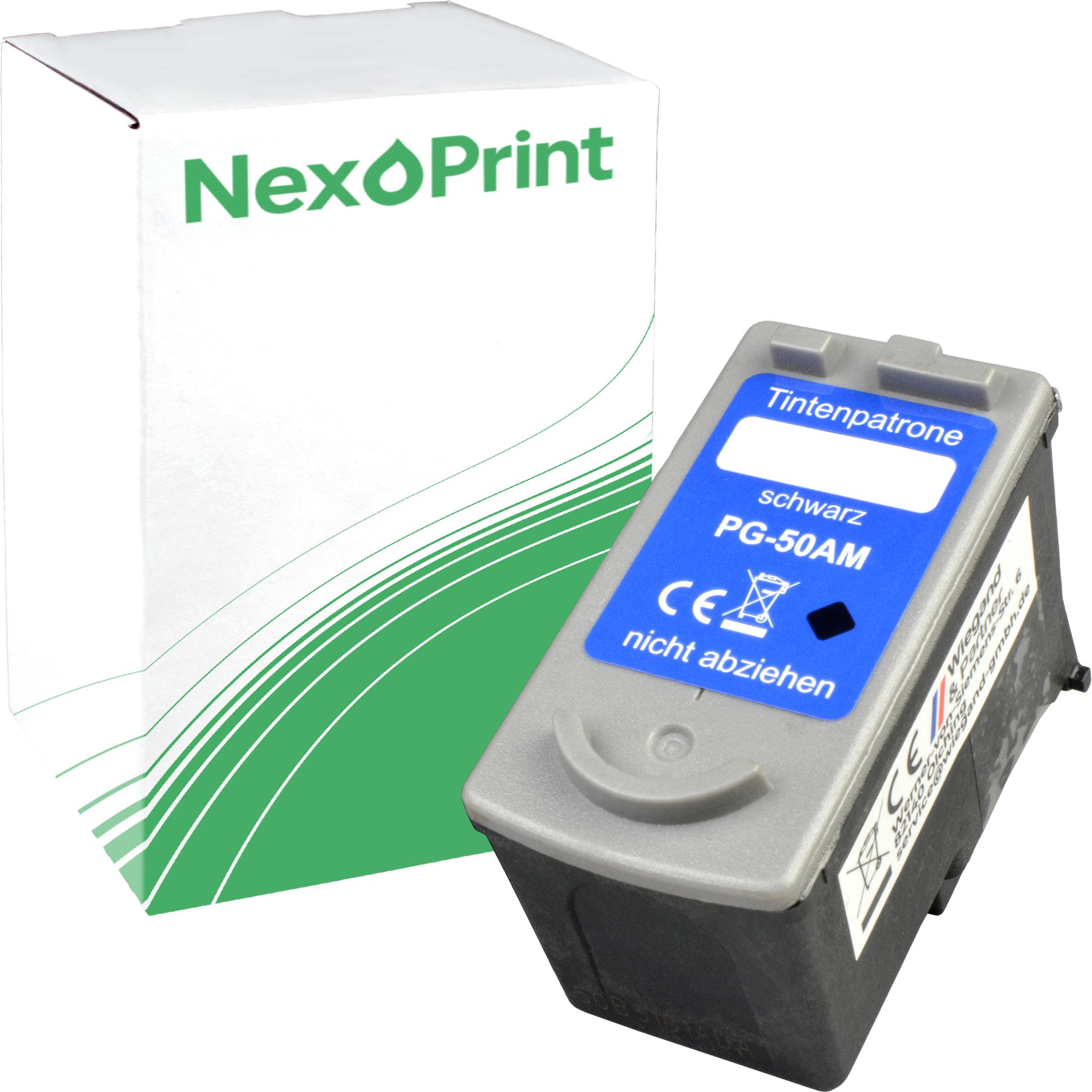 Tintenpatrone 'PG-50AM', mit der Beschriftung 'schwarz', neben einer Nexoprint-Verpackung.