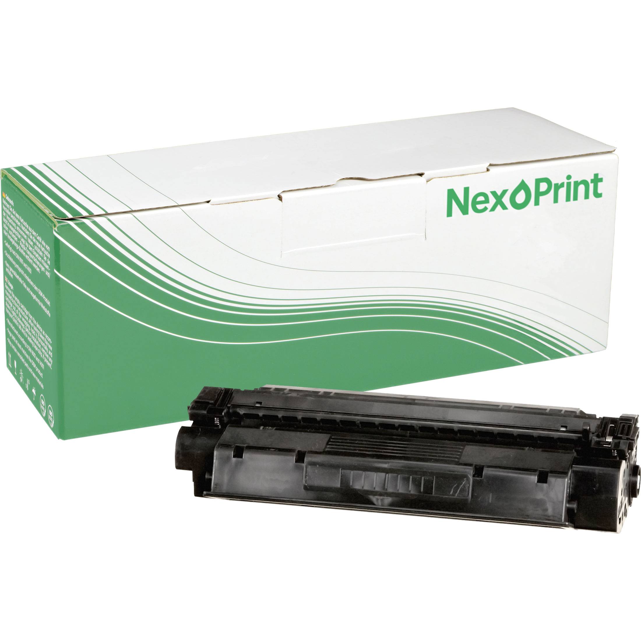 Eine Nexoprint-Tonerkartusche wird vor ihrer grün-weißen Verpackungsbox platziert.