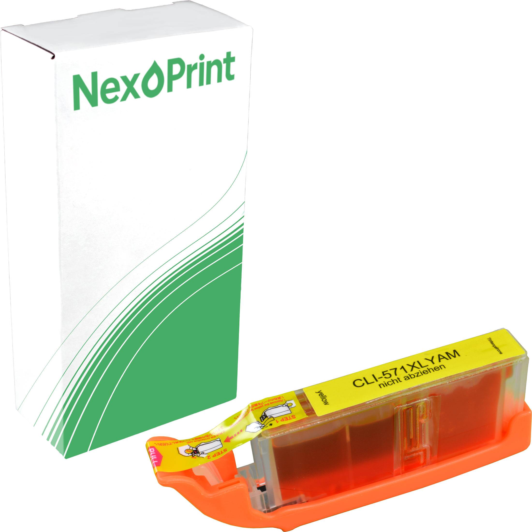 Tintenpatrone mit der Bezeichnung 'CLI-571XL YAM' neben einer NexPrint-Verpackung mit grünen Akzenten.