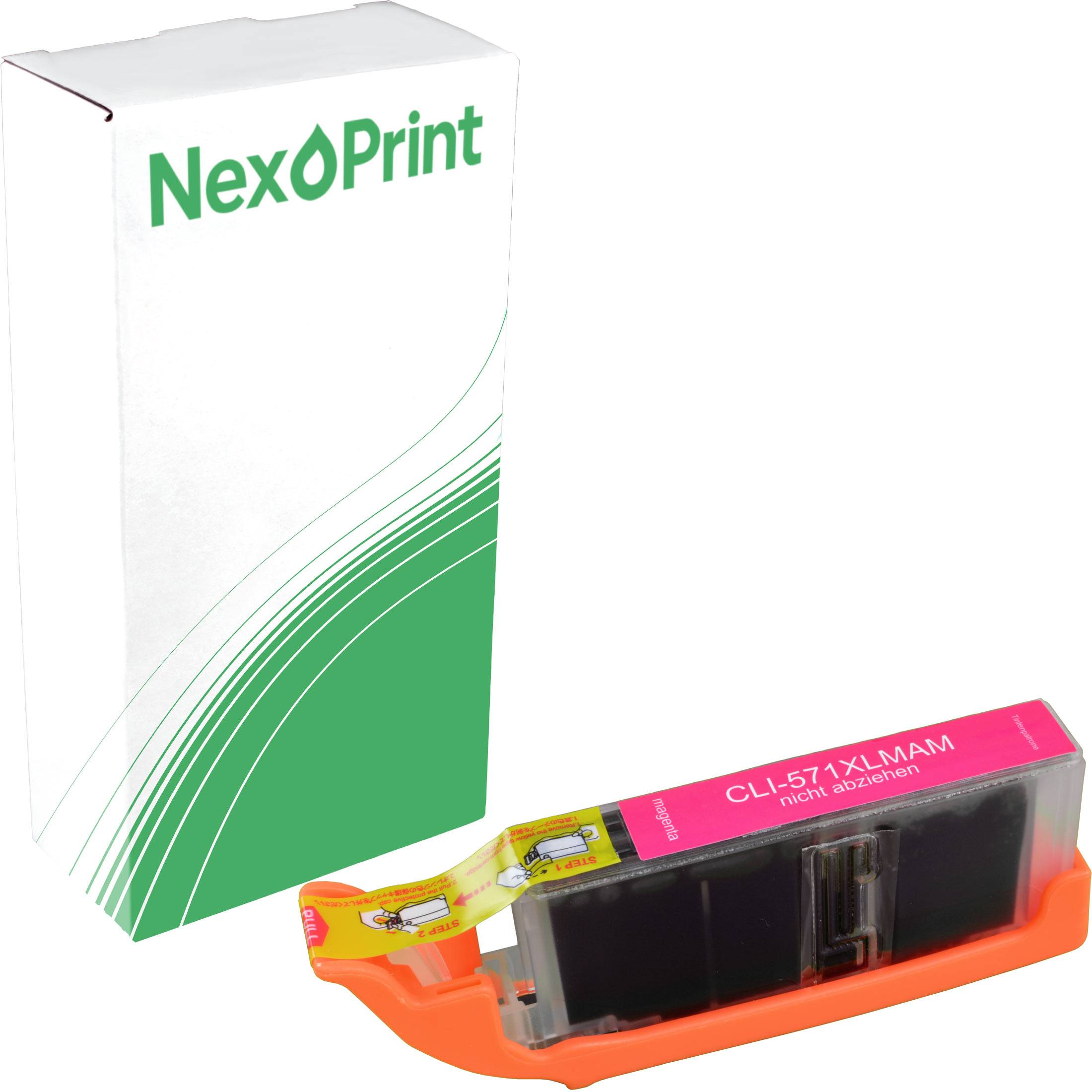 Eine NexPrint-Tintenpatronenbox neben einer rosa CLI-571XLM-Tintenpatrone, die für Hochleistungsdruck verwendet wird.