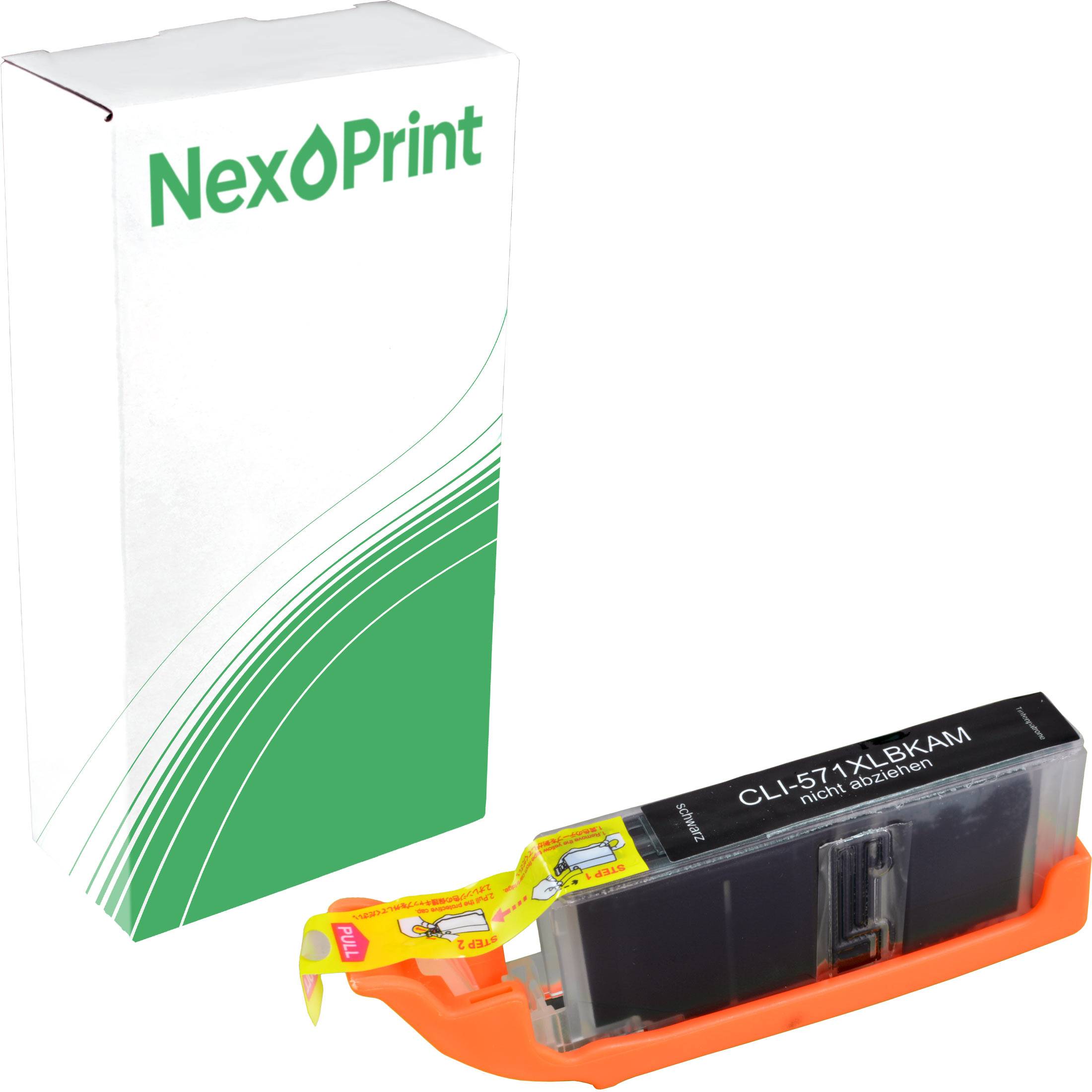 Tintenpatrone mit der Bezeichnung 'CLI-571XLBK-AM' vor einer NexPrint-Verpackung.