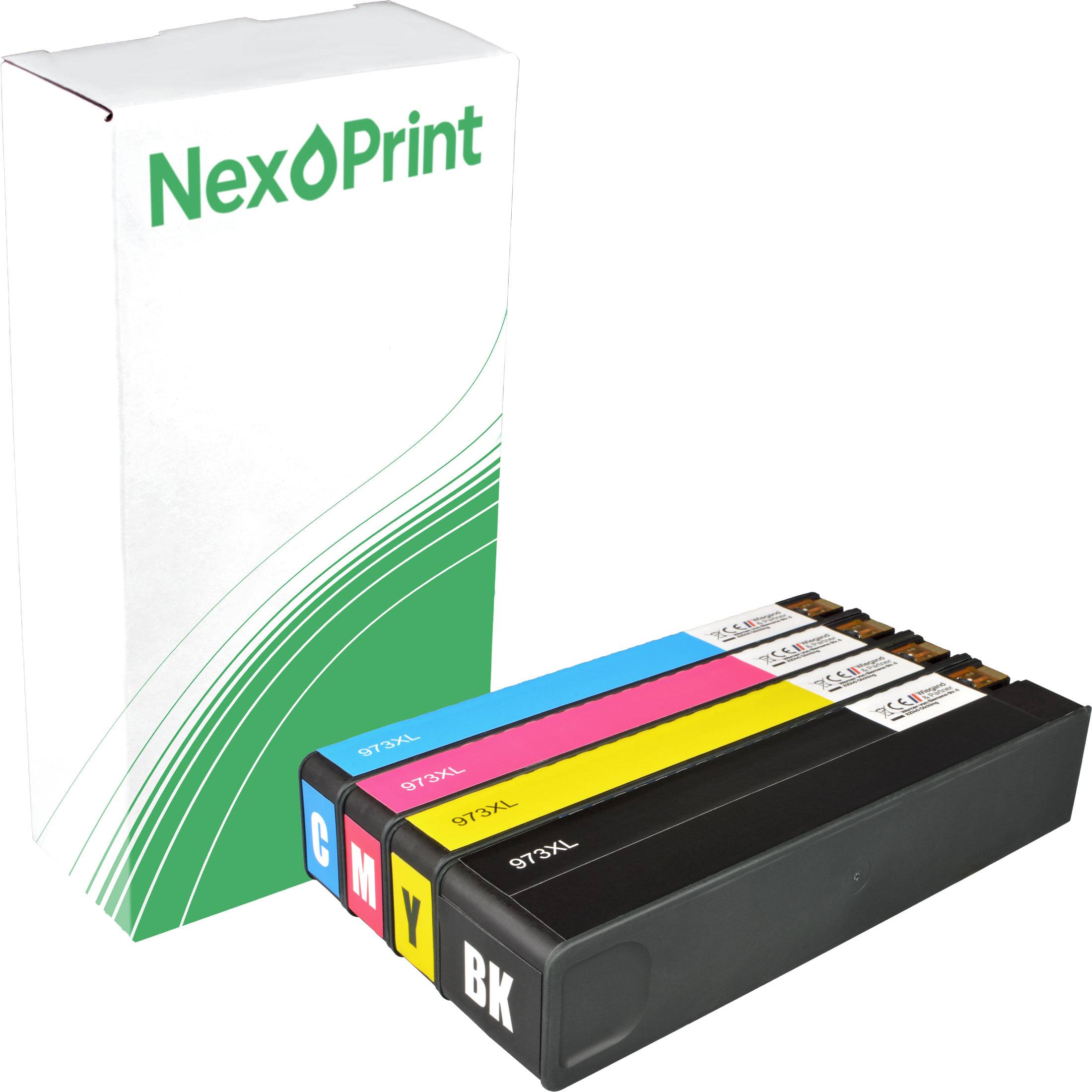Schachtel mit 'NexPrint' Druckerpatronen in Cyan, Magenta, Gelb und Schwarz, beschriftet mit '675XL', mit grünem Design auf der Verpackung.