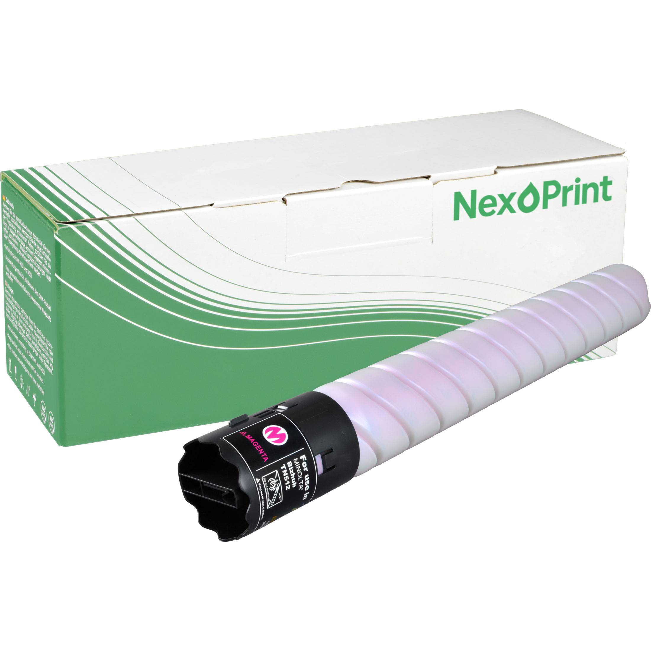 Eine NexPrint Magenta-Tonerkartusche, die vor ihrer Verpackungsschachtel platziert ist, beschriftet mit ‚M.' Die Schachtel ist größtenteils weiß mit grünen Akzenten.