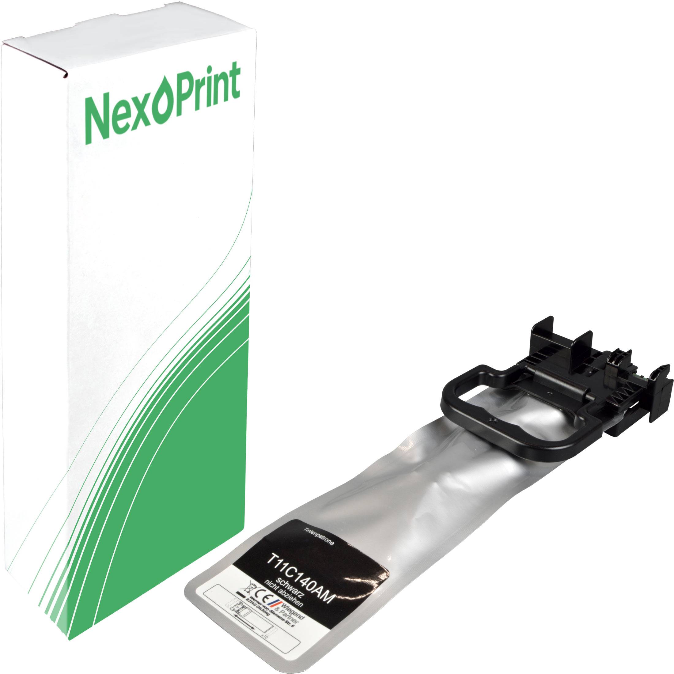 Tintenpatrone der Marke 'NexOprint', die neben ihrer Verpackungsbox präsentiert wird, primär in Weiß mit grünen Akzenten.