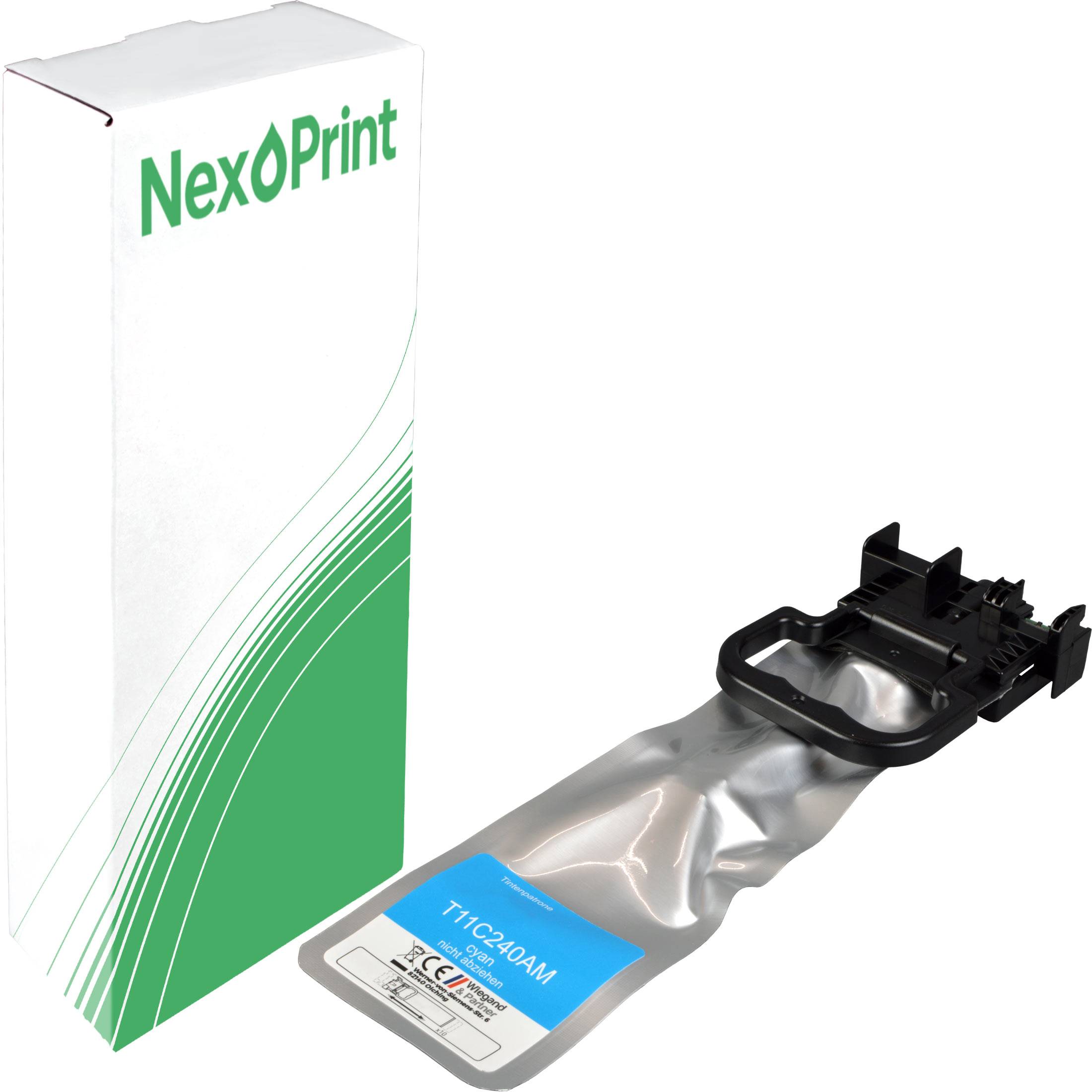 Eine Verpackung der Marke 'NexPrint' in Grün und Weiß neben einer Tonerkartusche mit dem Etikett 'TTIC-240AM'.