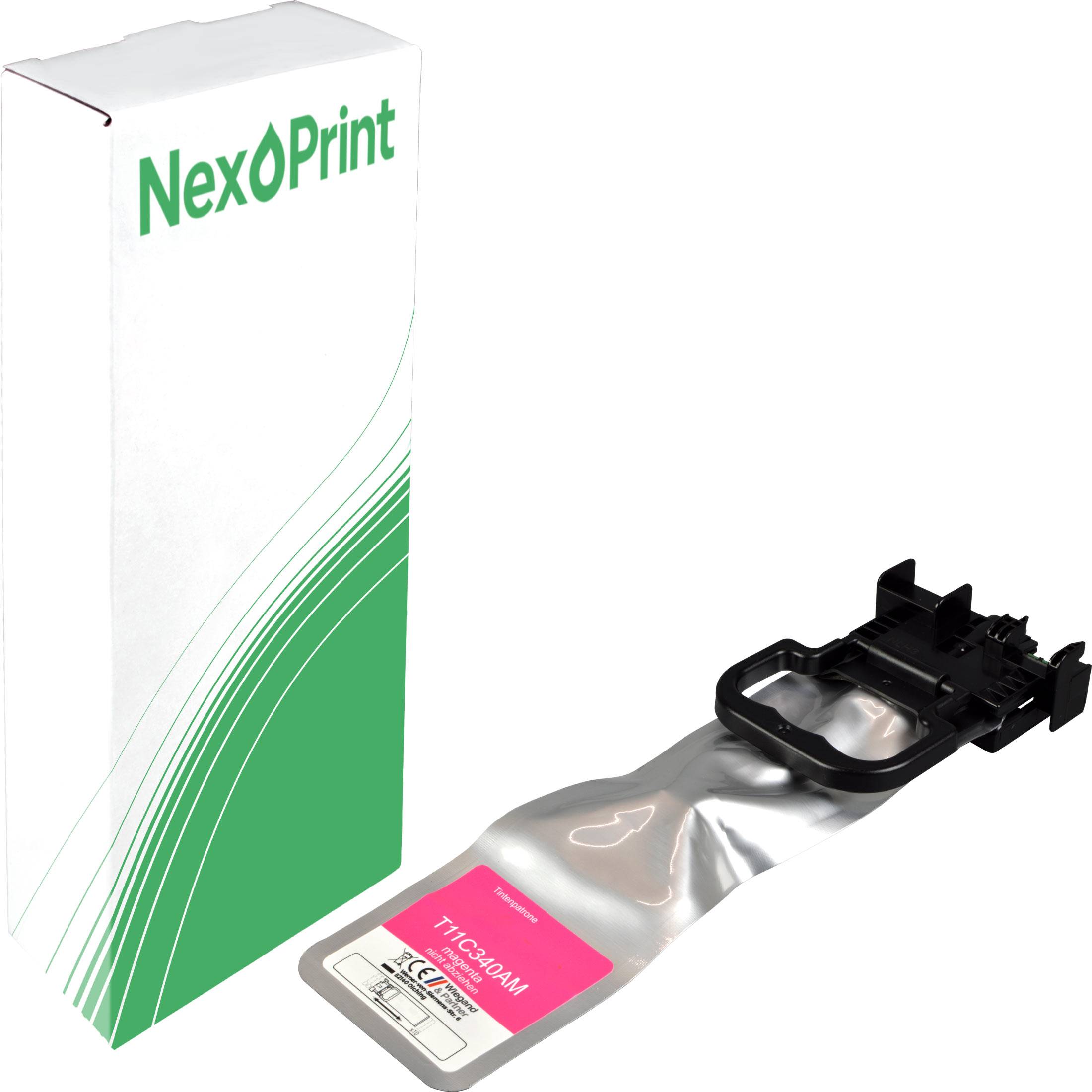 NexPrint' Patrone mit rosa Tintenpatrone und schwarzer Halterungsanbindung, geeignet für den Druckereinsatz.