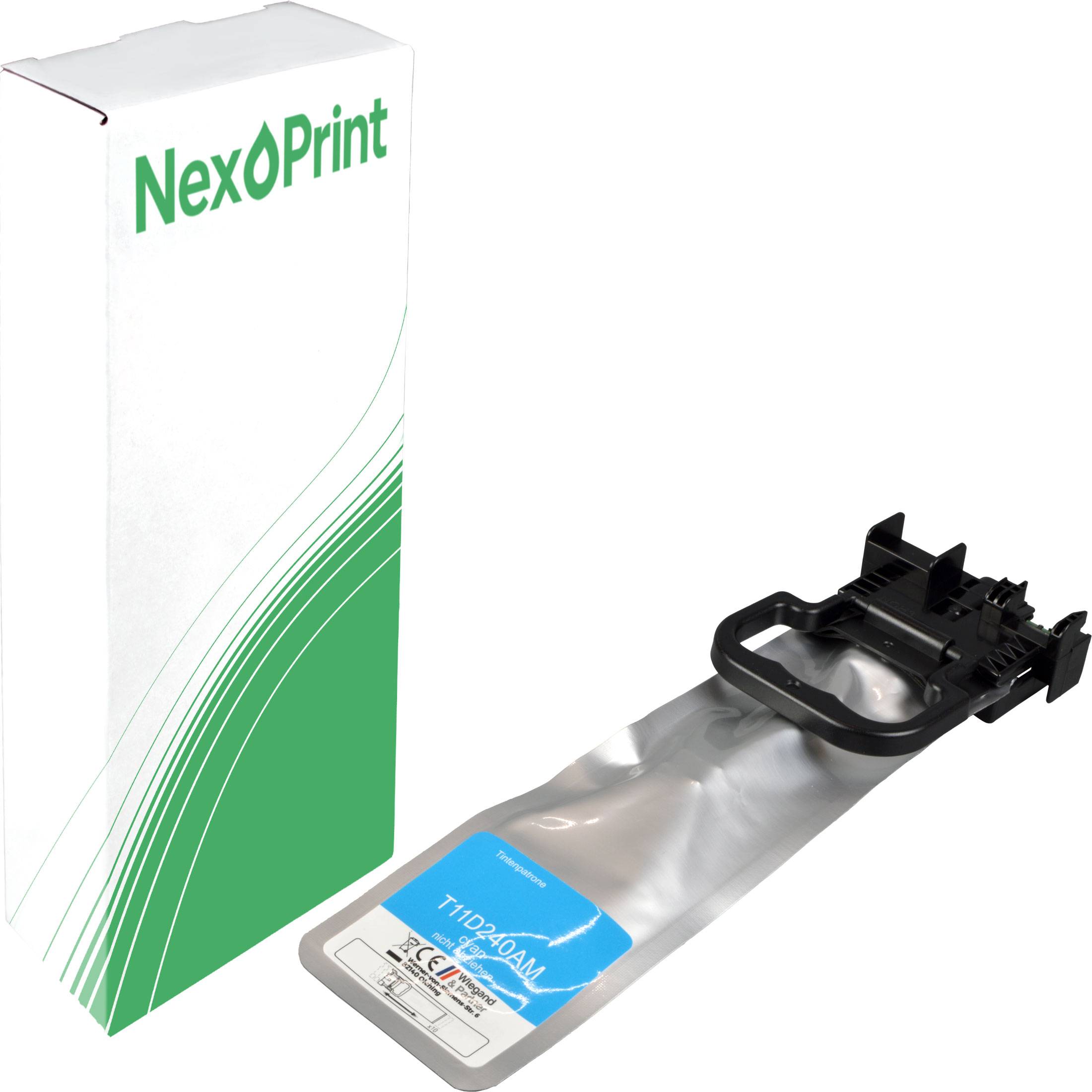 Verpackung der Tonerkartusche 'NexPrint' mit grün-weißem Design neben einer Ersatztonerkartusche.
