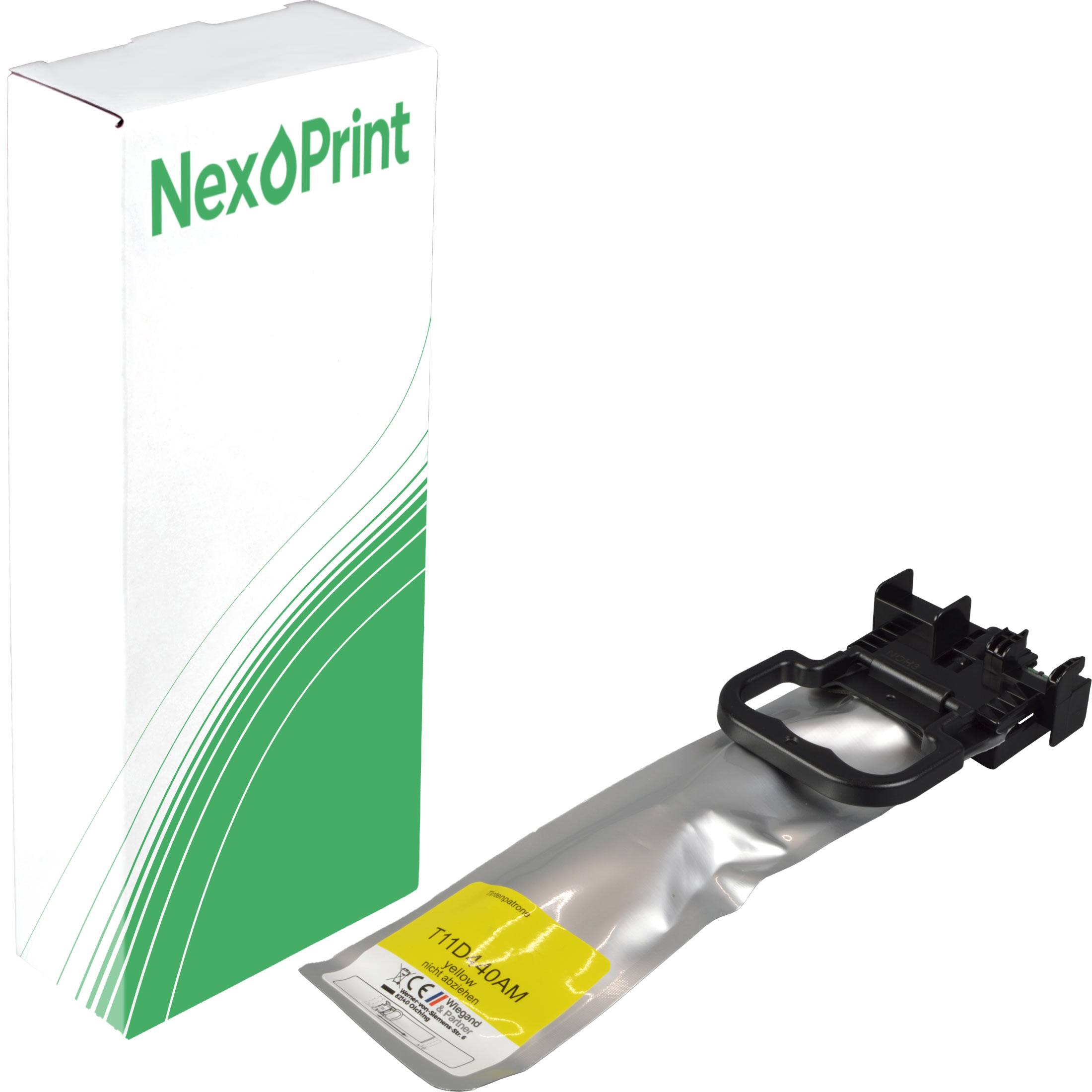 Eine 'NexoPrint' Tintenpatrone in der Verpackung, wobei der Markenname auf der Schachtel zu sehen ist und die Patrone daneben in einem versiegelten Beutel liegt.
