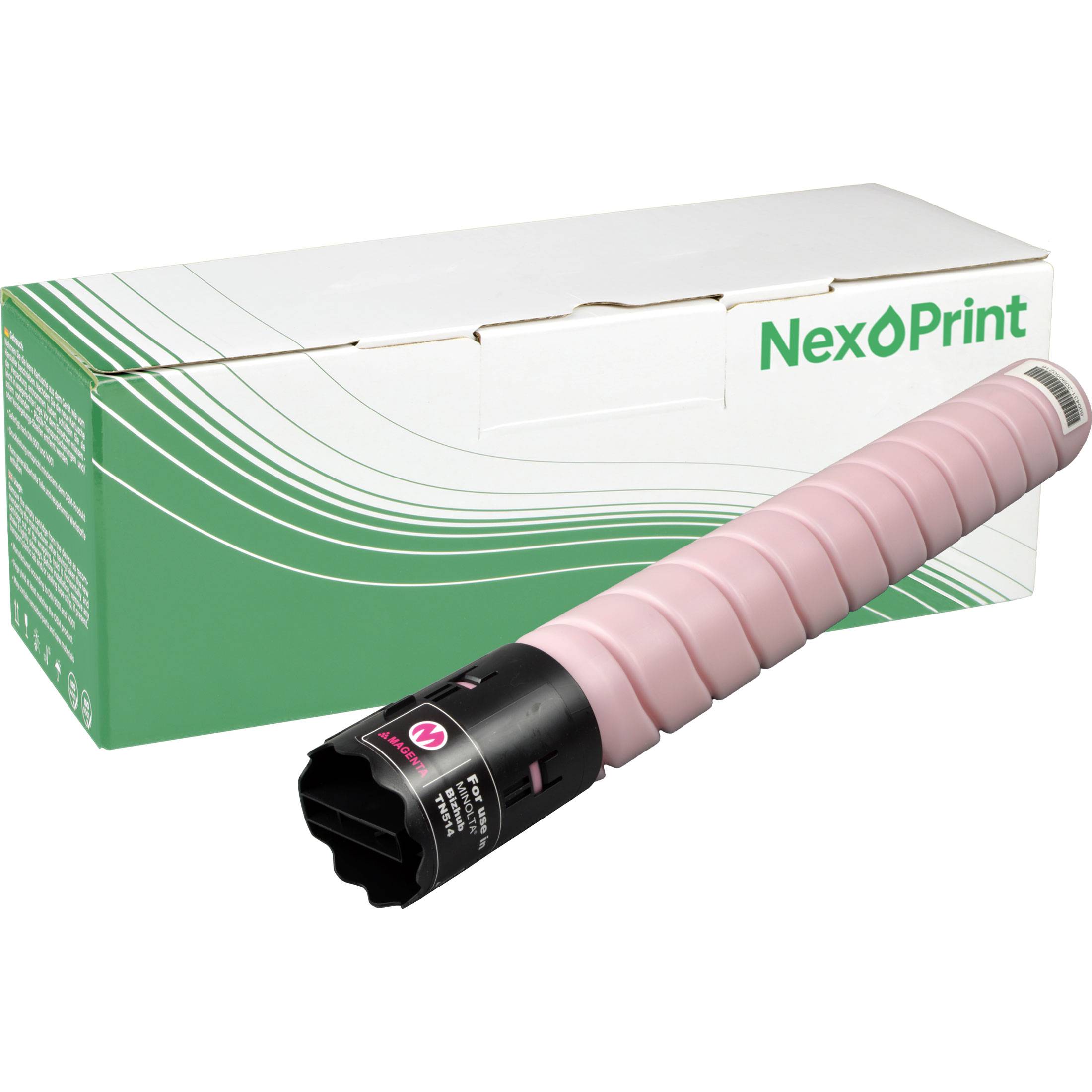 Das Bild zeigt eine magentafarbene NexOprint Tonerkassette neben ihrer grün-weißen Verpackungsbox.
