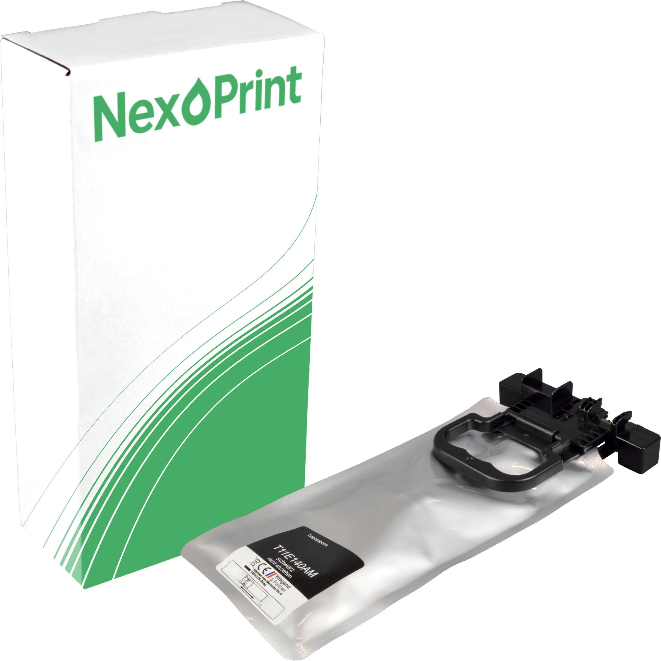 Druckerpatronentinte von NexPrint, die die Verpackungsbox und den Nachfüllbeutel mit einem schwarzen Deckel und Etikett zeigt.
