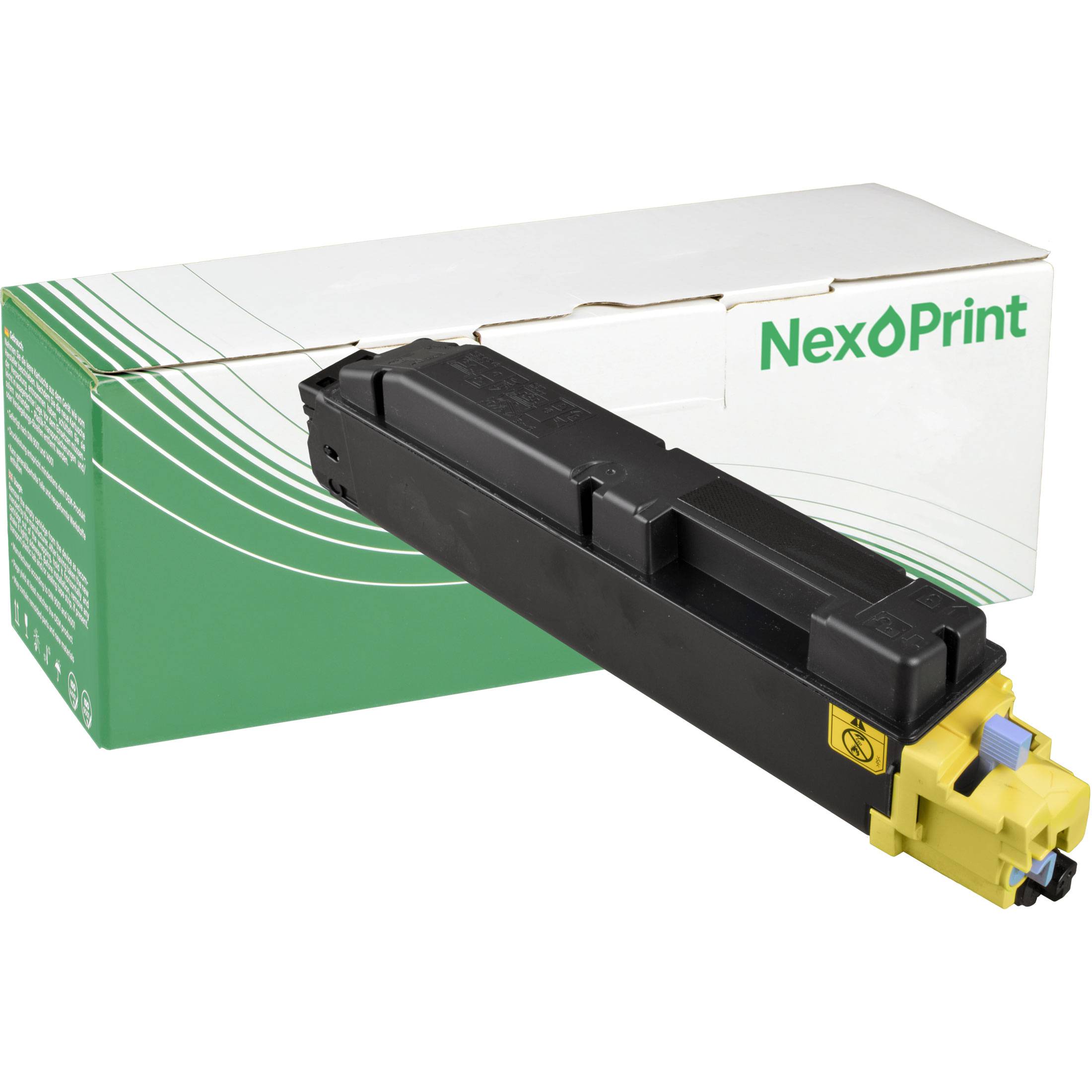 NexoPrint Tonerkartusche in Gelb mit Markenverpakkung, die das Kartondesign zeigt.