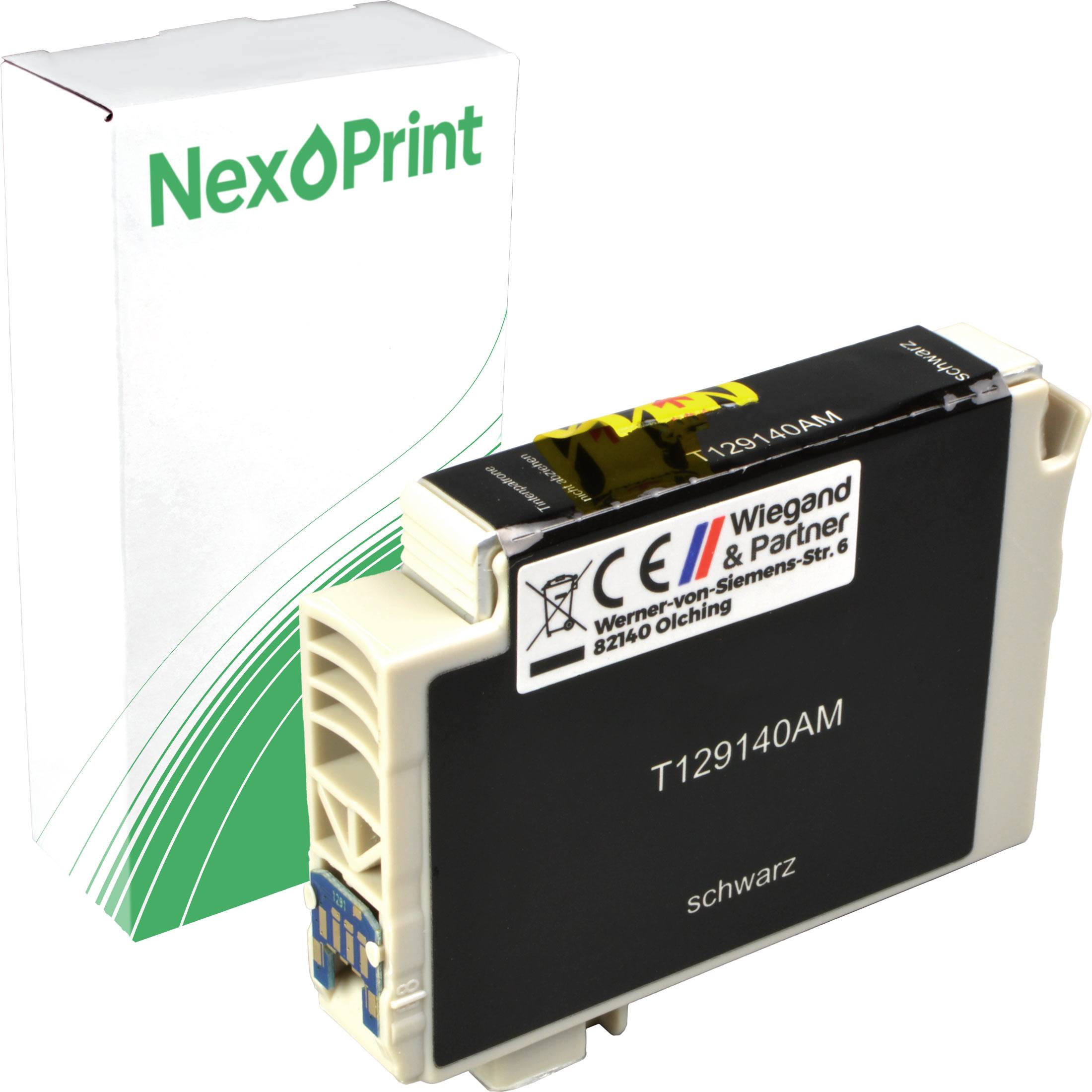 Eine 'NexPrint' Marken-Tintenkartusche in einer Schachtel mit schwarzem Etikett, das CE- und Wiegand & Partner-Zertifizierungen auf der Oberseite trägt.