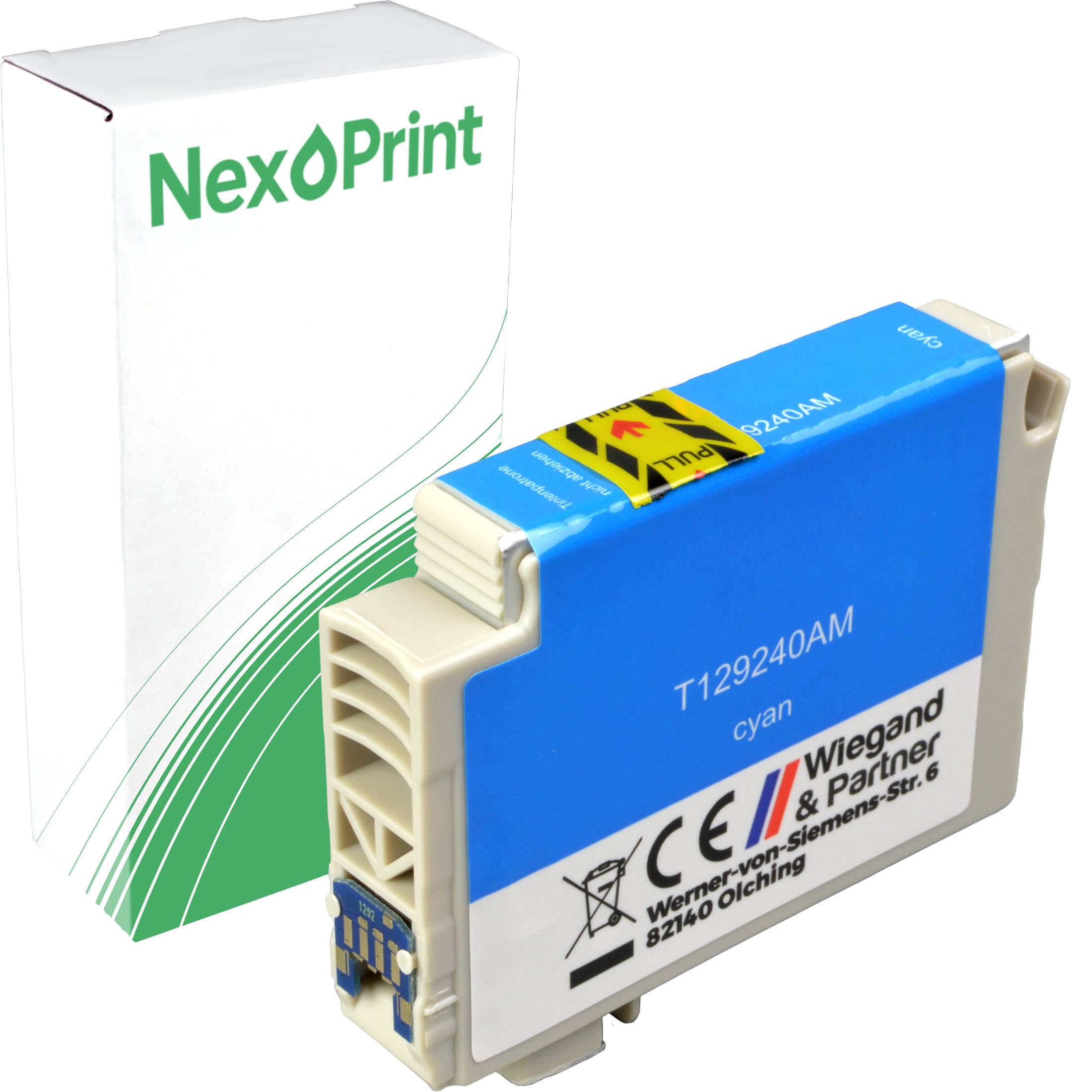 Cyan-Tintenpatrone mit der Bezeichnung 'NexPrint T129240AM' neben einer weiß-grünen Box mit dem 'NexPrint'-Logo.