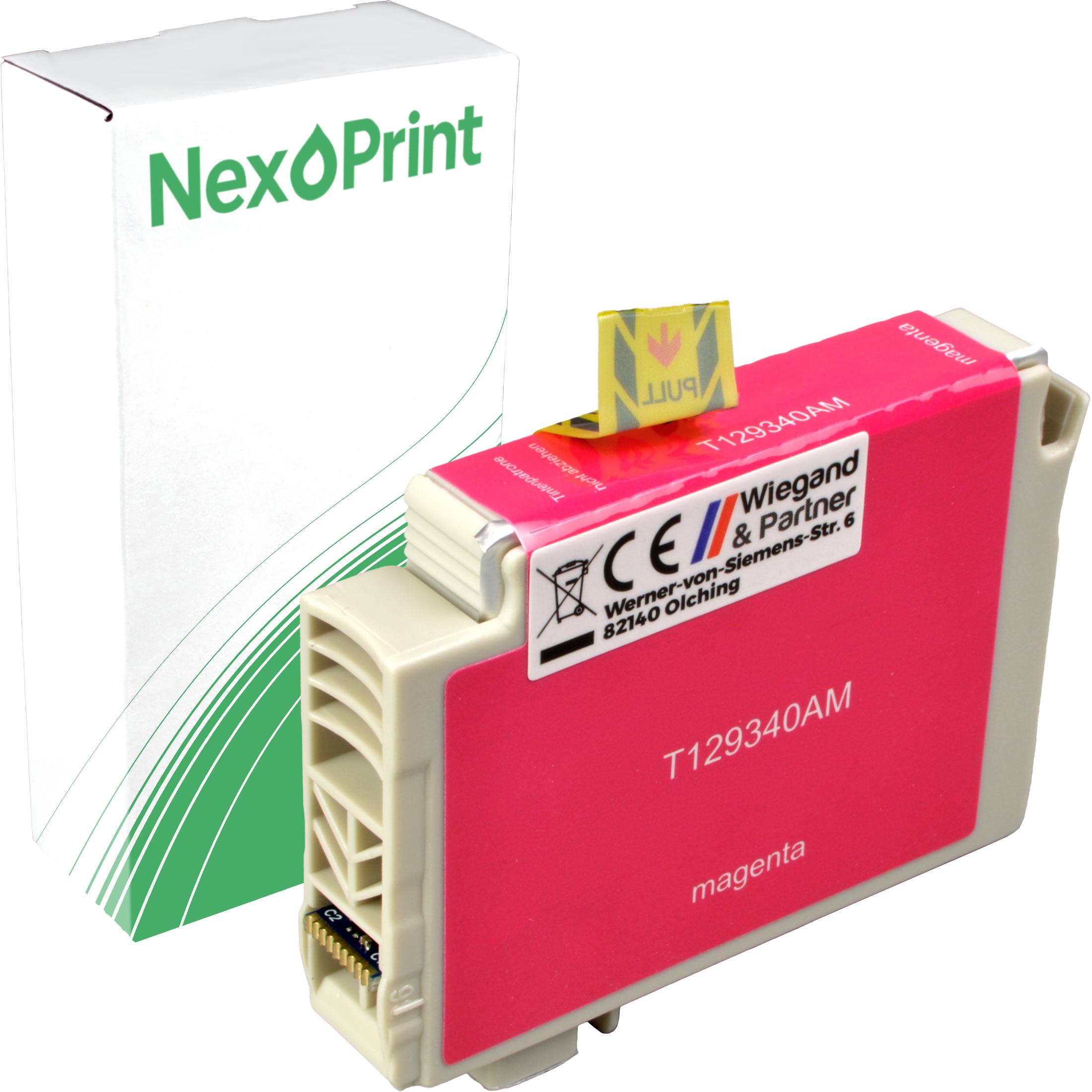 Magenta-Tintenkartusche mit der Bezeichnung 'NexPrint', zusammen mit ihrer Verpackung dargestellt.