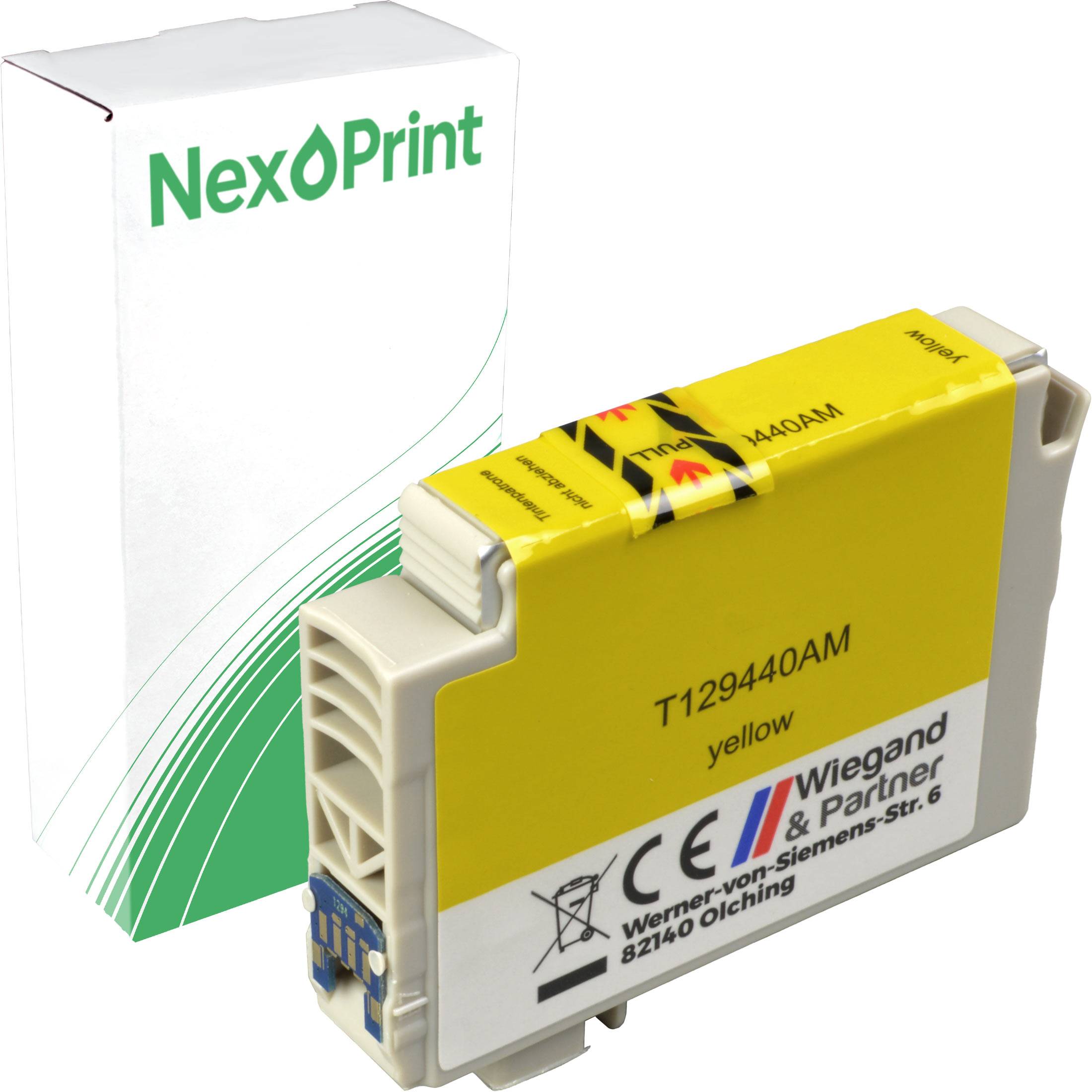 Gelbe Druckerpatrone mit der Bezeichnung 'T129440AM' von Wiegand & Partner, gezeigt mit NexPrint-Verpackung im Hintergrund.