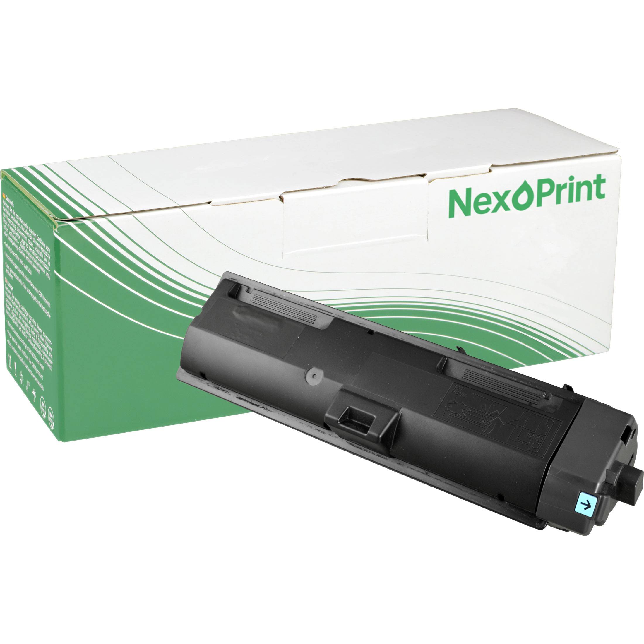 Schwarze Tonerkartusche vor einer NexPrint-Markenverpackung, die Druckerzubehör hervorhebt.