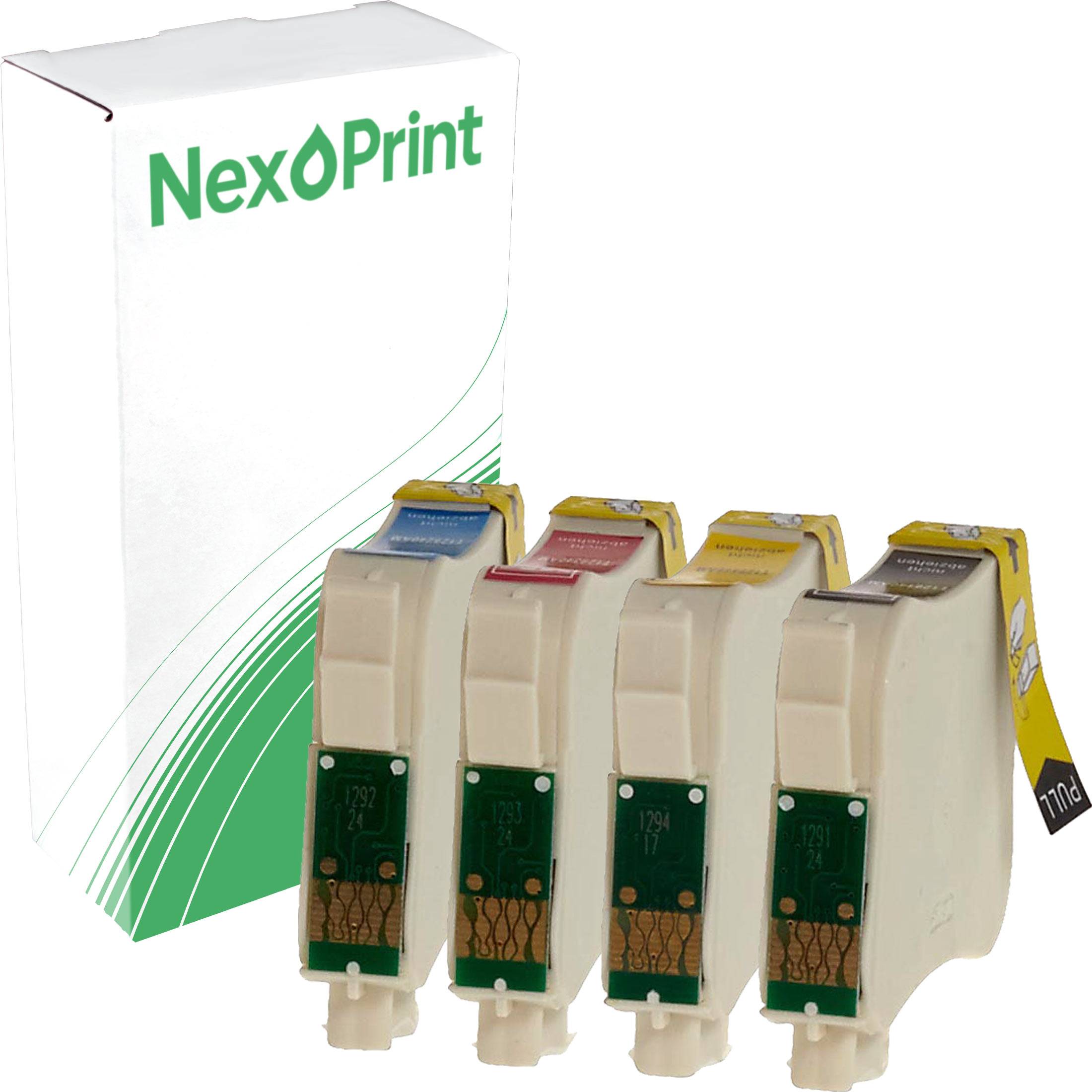 NexPrint' Verpackung mit vier ausgerichteten Tintenpatronen in den Farben Cyan, Magenta, Gelb und Schwarz.