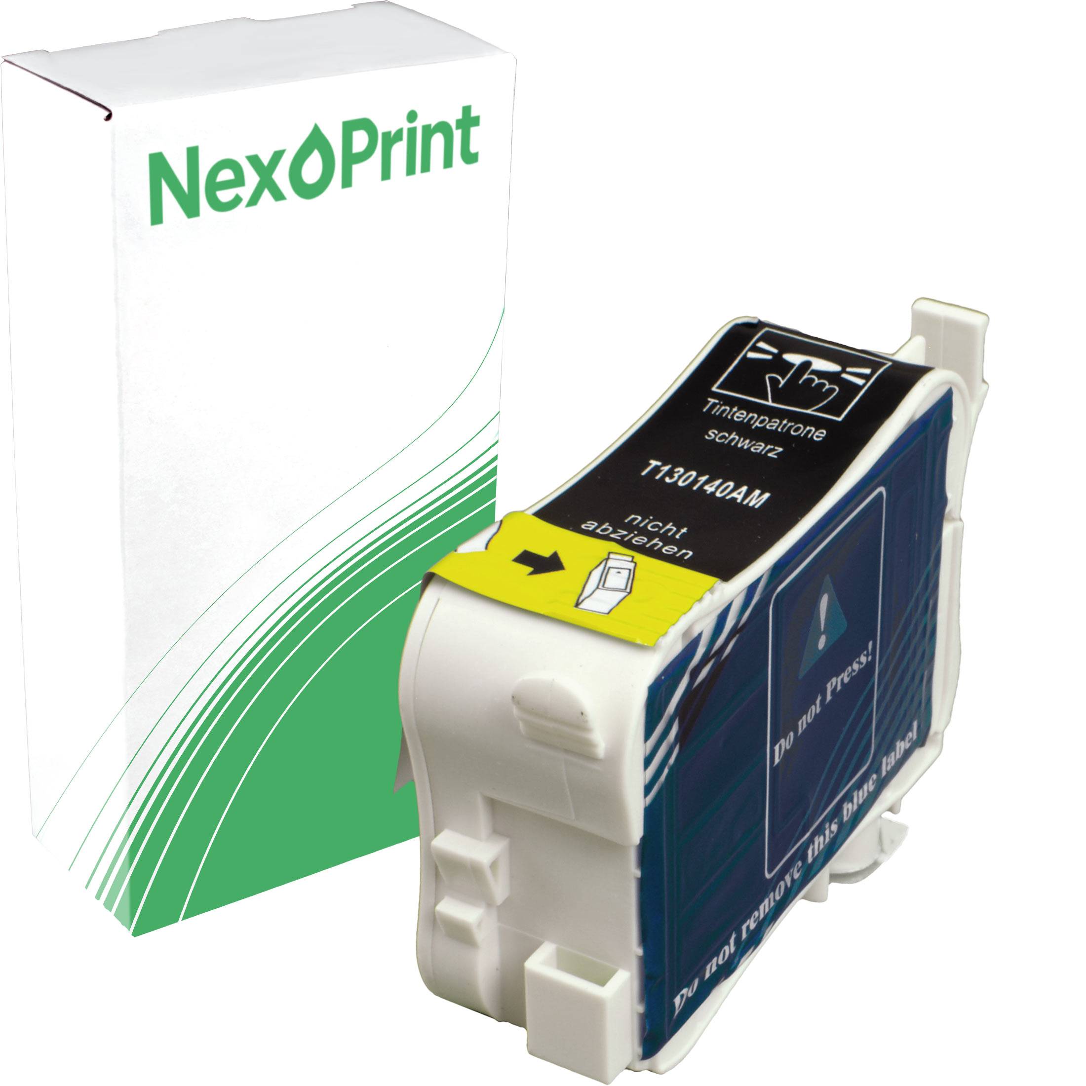 NexPrint'-Tintenpatrone mit Verpackung; die Patrone zeigt ein Diagramm mit der Anweisung 'Nach unten drücken' für die Installation.