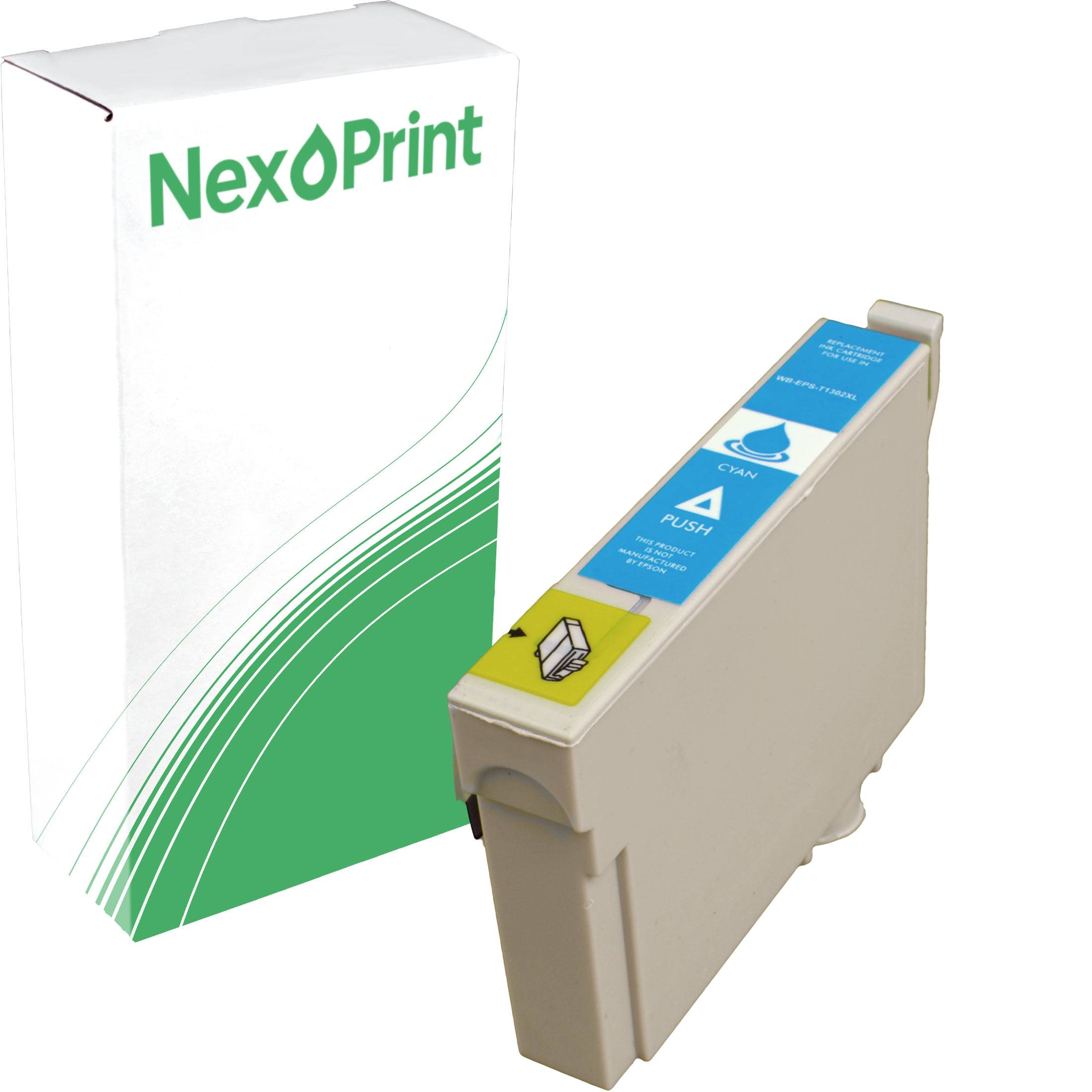 Eine Tintenpatrone in einer Verpackung mit grün-weißem Design, auf der 'NexPrint' beschriftet ist. Die Patrone zeigt ein blaues Etikett, das die Farbe Cyan angibt.