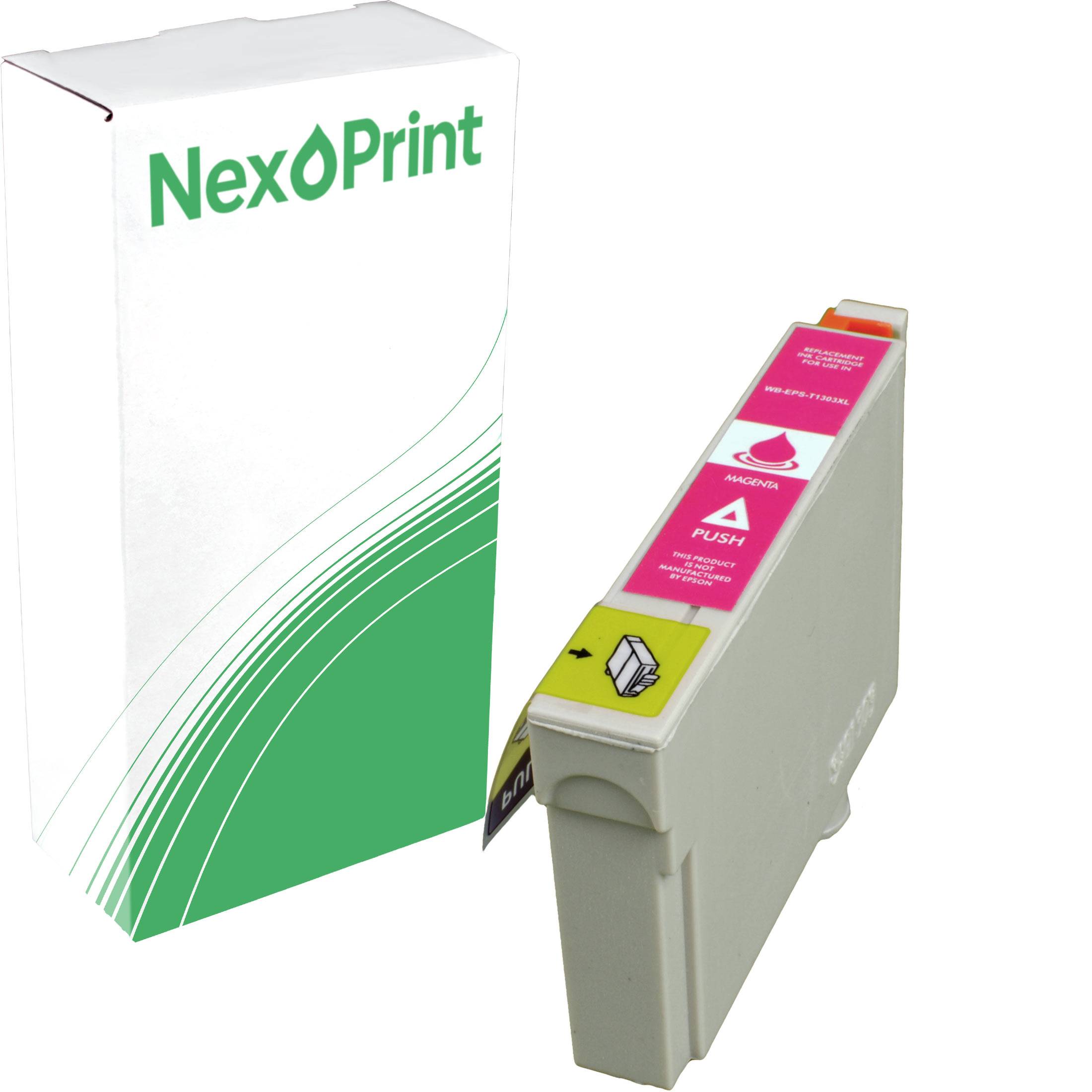 Tintenpatronenbox mit dem Text 'NexPrint' und einer kompatiblen Tintenpatrone mit einem magentafarbenen Drucketikett.