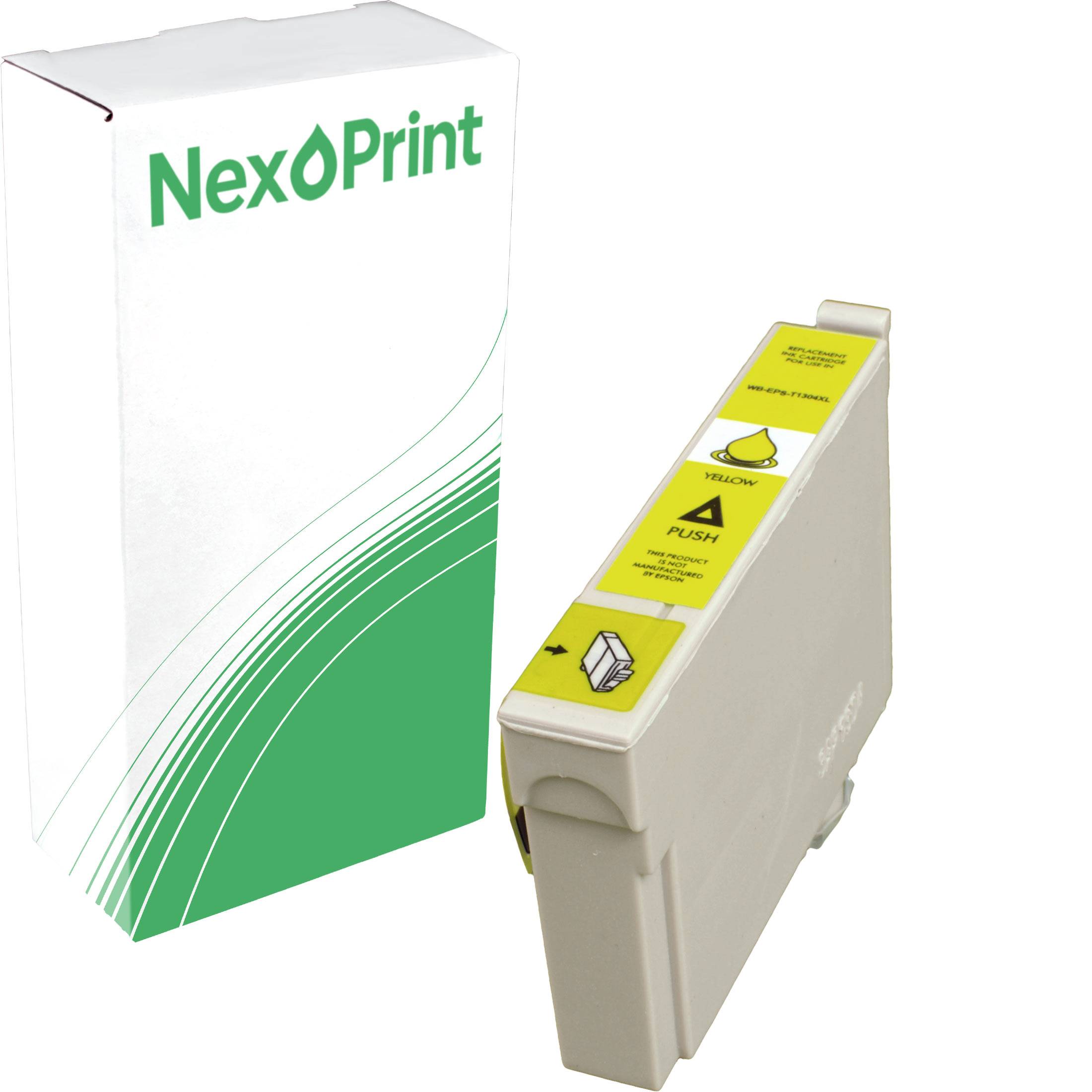 NexPrint' Tintenpatrone mit gelben Etiketten an der Oberseite, einschließlich 'DRÜCKEN' Anweisungen und Warnhinweisen. Karton links mit Markenname und grün-weißem Design.