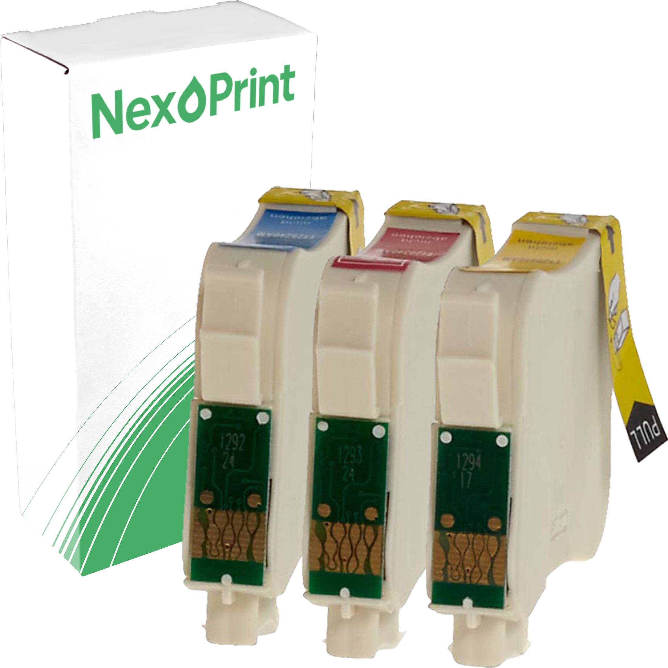 NexoPrint' Tintenpatronensatz mit drei farbigen Patronen vor der Verpackung.