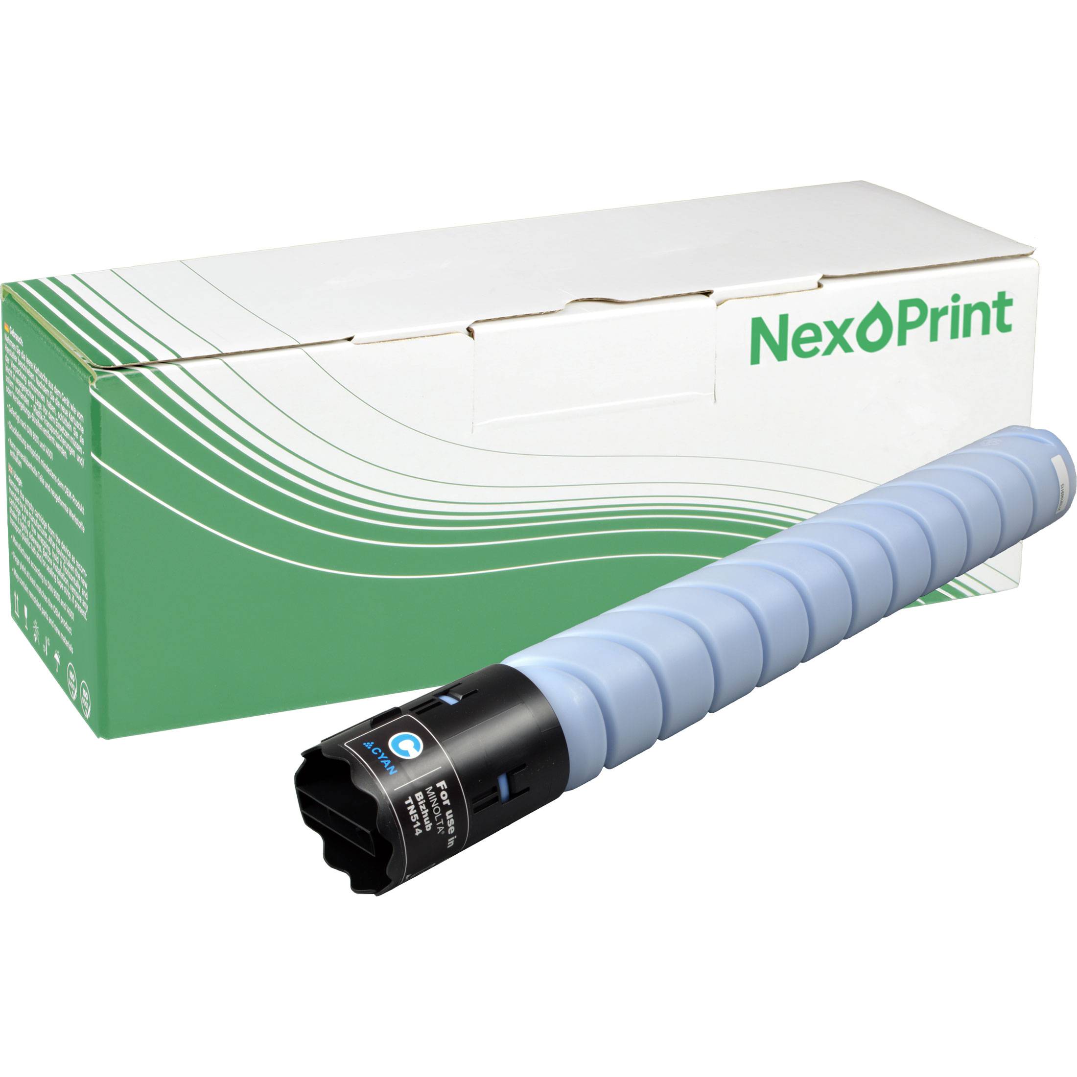 Eine grüne und weiße NexPrint Kartuschenschachtel mit einer schwarzen und blauen Tonerkassette, die davor platziert ist.