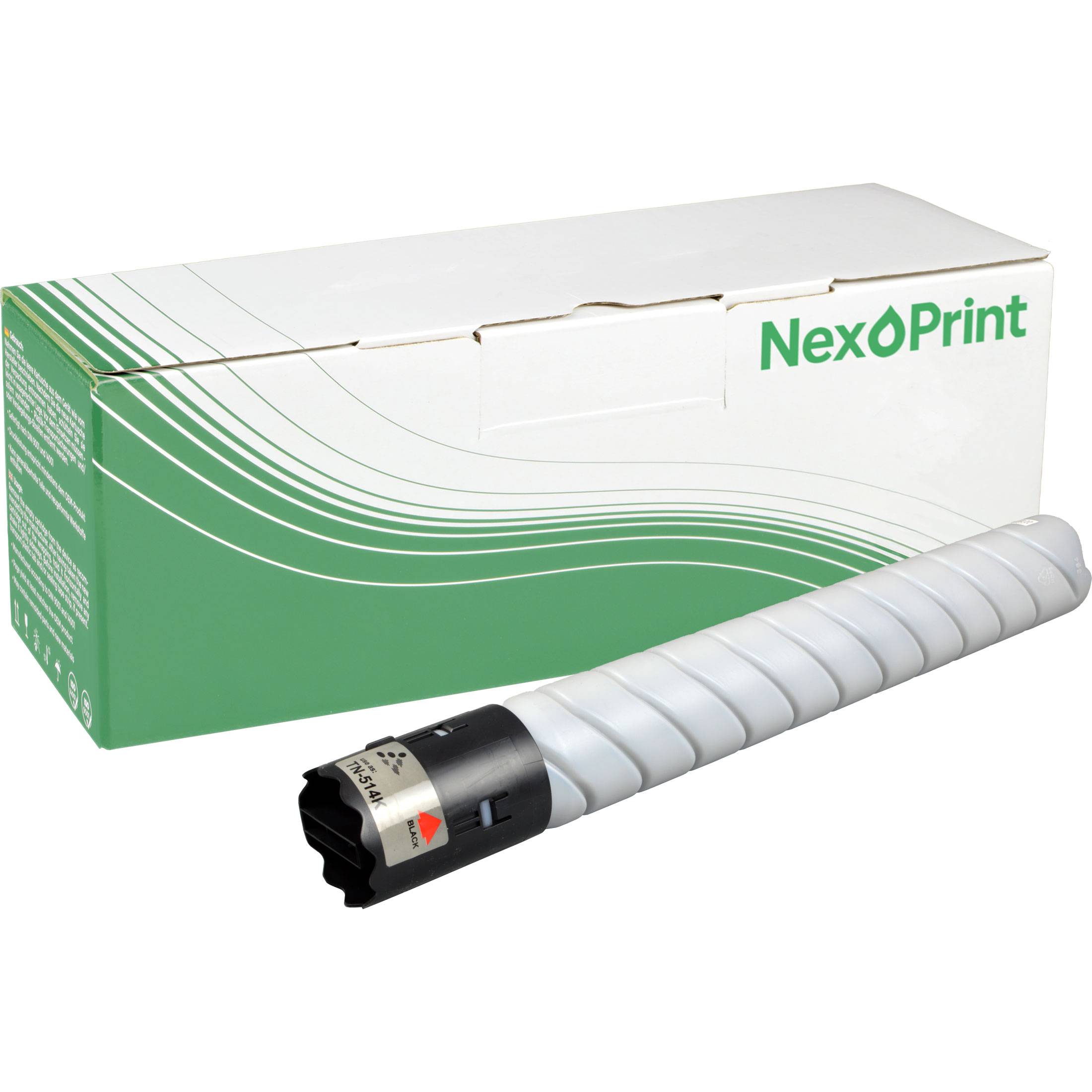 Eine NexPrint Tonerkartusche vor einer grün-weißen NexPrint-Markenbox, die eine kompatible oder Ersatz-Druckerkomponente anzeigt.