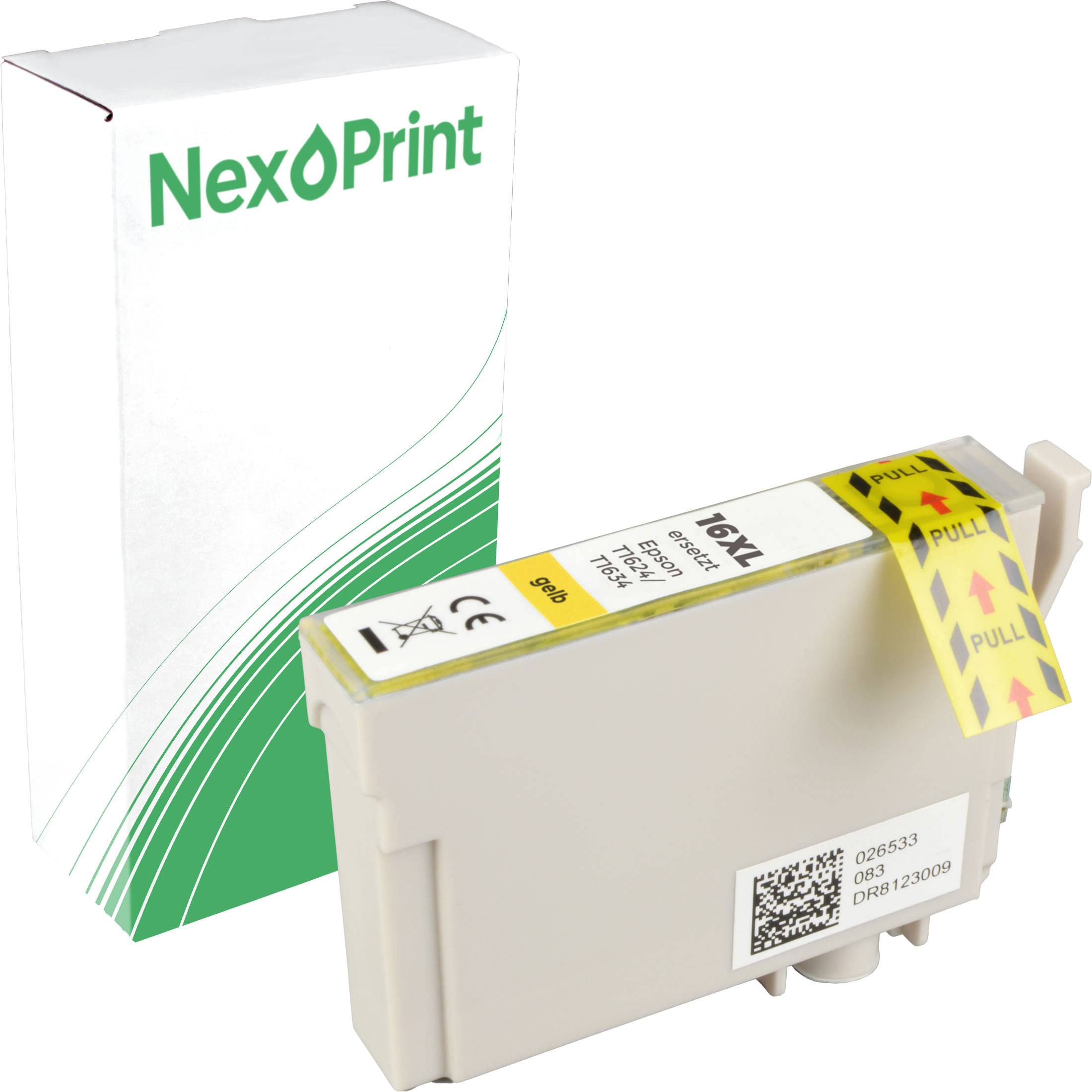 Eine 'NexPrint'-Marke Tintenpatrone mit der Bezeichnung '16XL', gelb. Schachtel und Patrone sind sichtbar, mit einem QR-Code auf der Patrone.