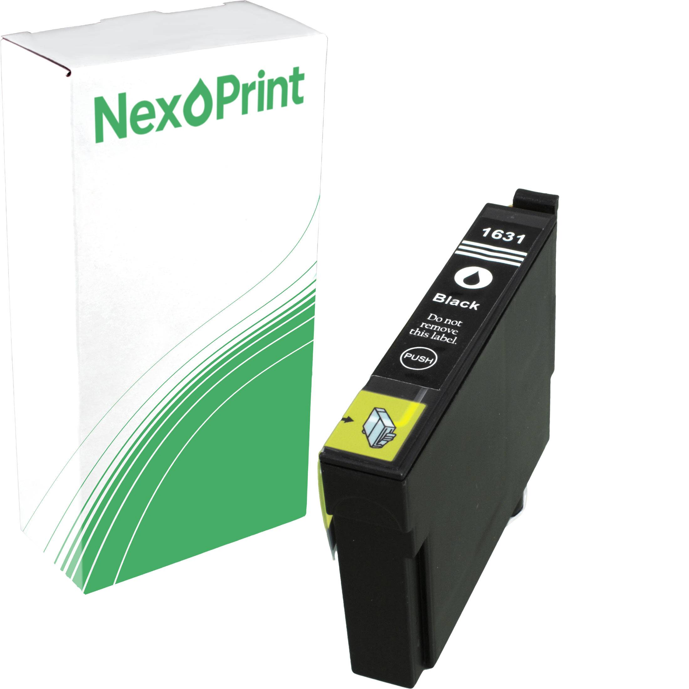 Schwarze 'Next Print' Tintenpatrone neben ihrer weiß-grünen Verpackungsschachtel, beschriftet mit '1631 Black'.