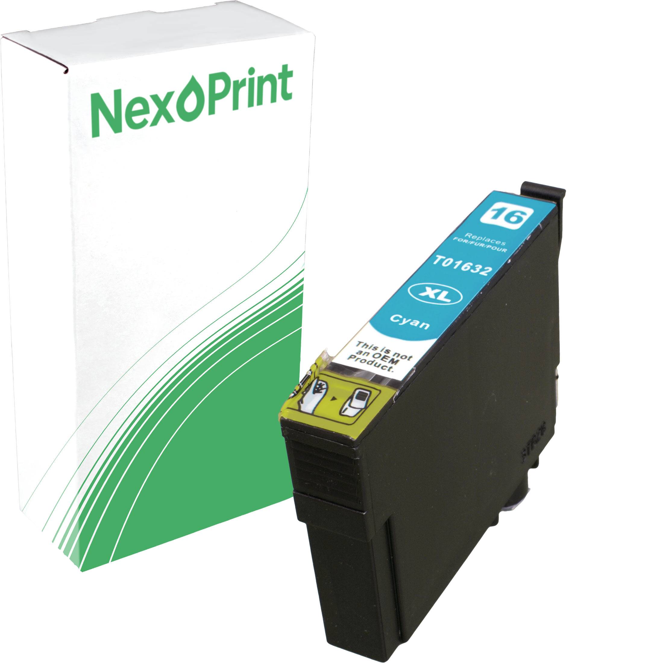 Das Bild zeigt eine NexPrint Tintenpatrone in Cyan-Farbe neben ihrer Verpackung. Die Patrone ist mit '16 XL Cyan' beschriftet.
