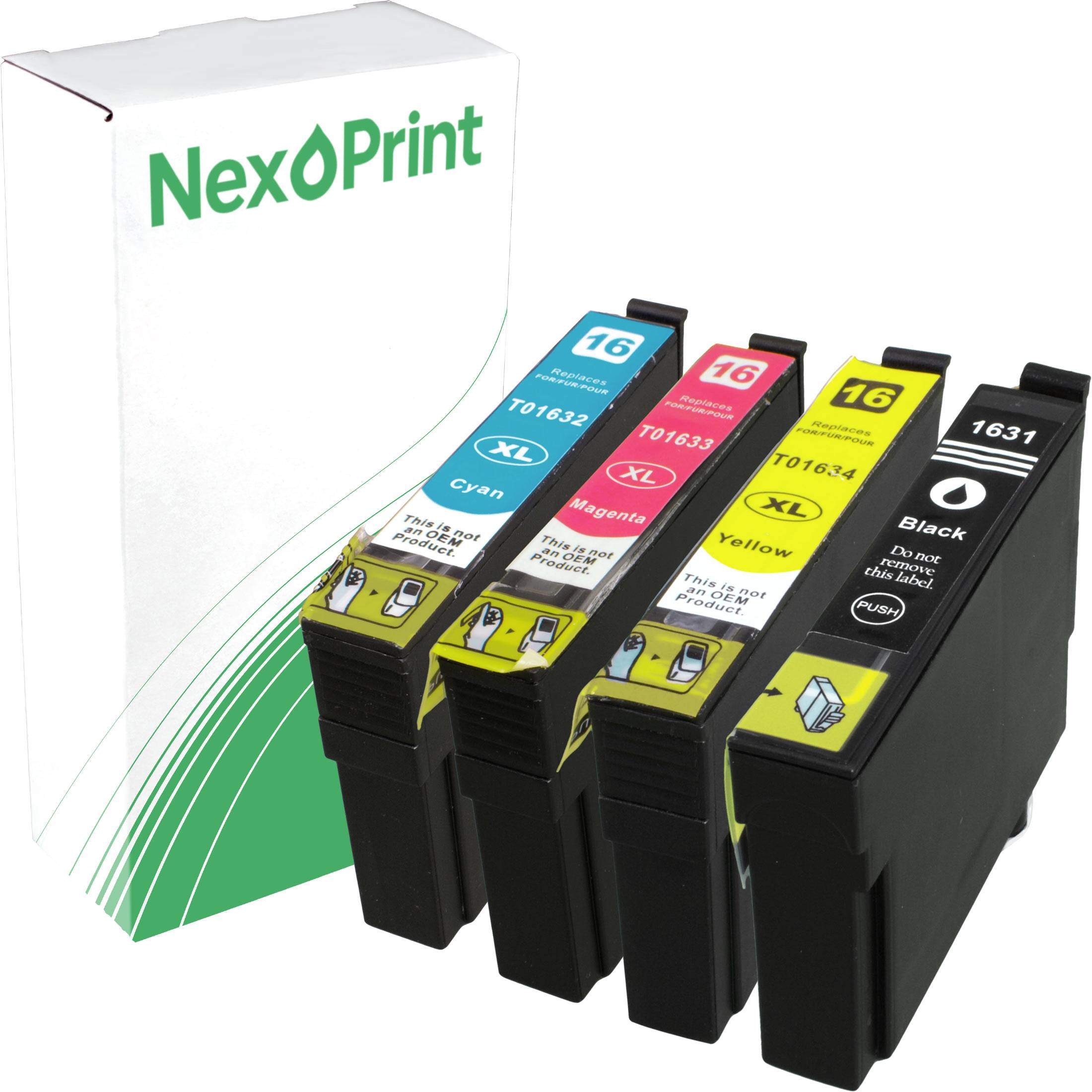 Vier 'NexPrint' Tintenpatronen in Cyan, Magenta, Gelb und Schwarz vor der Originalverpackung.