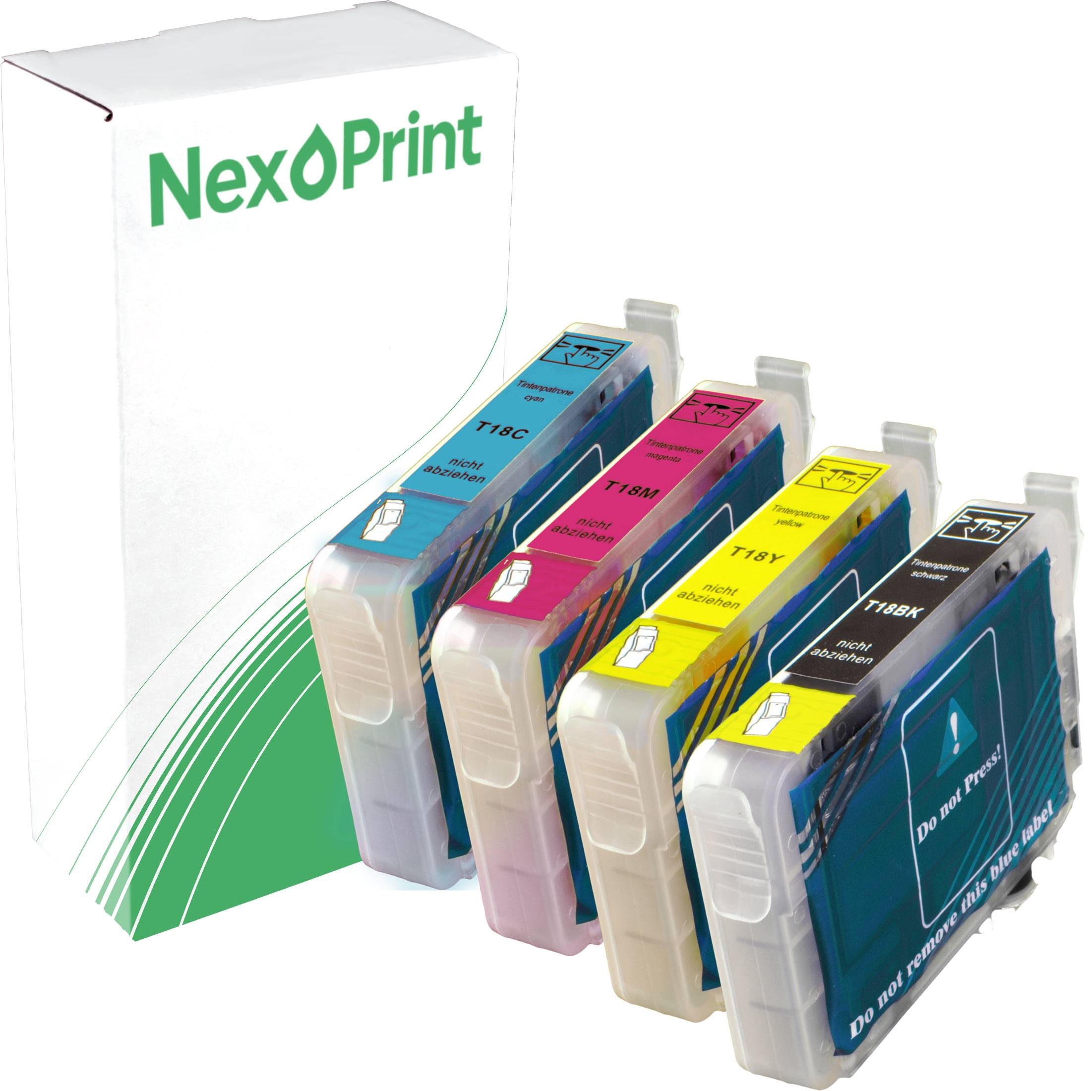 NexPrint-Verpackung mit vier Tintenpatronen in Farben: Cyan, Magenta, Gelb und Schwarz, für Tintenstrahldrucker.