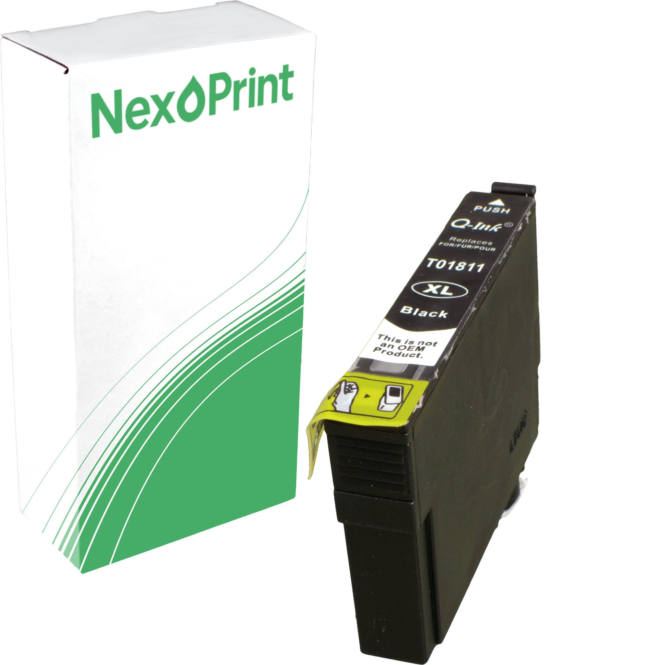 Druckerpatrone mit Karton, beschriftet mit NexPrint, Q-Ink, T01811, Schwarz. Produkt ist umweltfreundlich und aus recycelten Materialien hergestellt.