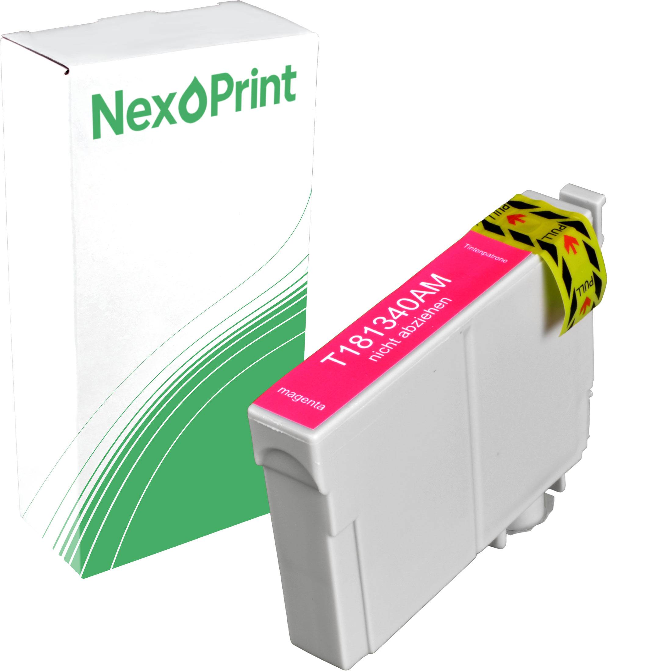 Eine NexPrint Tintenpatrone in Pink mit der Bezeichnung 'T181340AM', präsentiert mit ihrer Verpackung im grün-weißen Design.