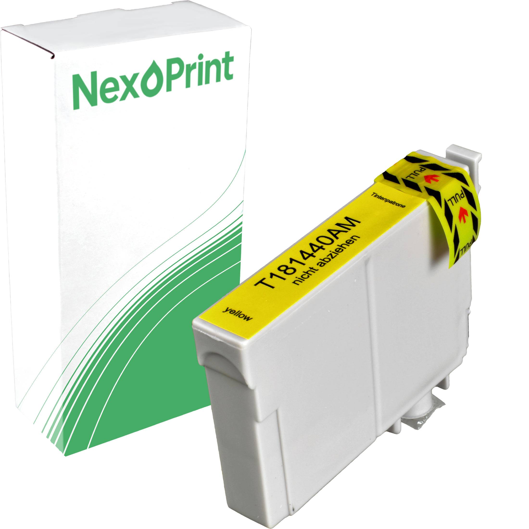 Das Bild zeigt eine NexøPrint Tintenpatrone, beschriftet mit 'T181440AM', mit einer gelben Farbmarkierung, neben ihrer Verpackungsschachtel.