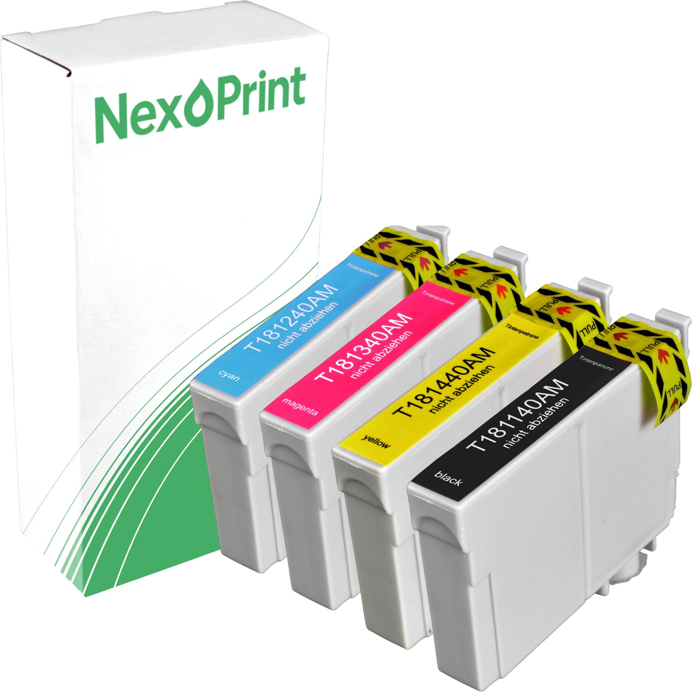 Tintenpatronensatz mit vier Patronen und einer NexPrint-Box. Die Patronen sind mit 