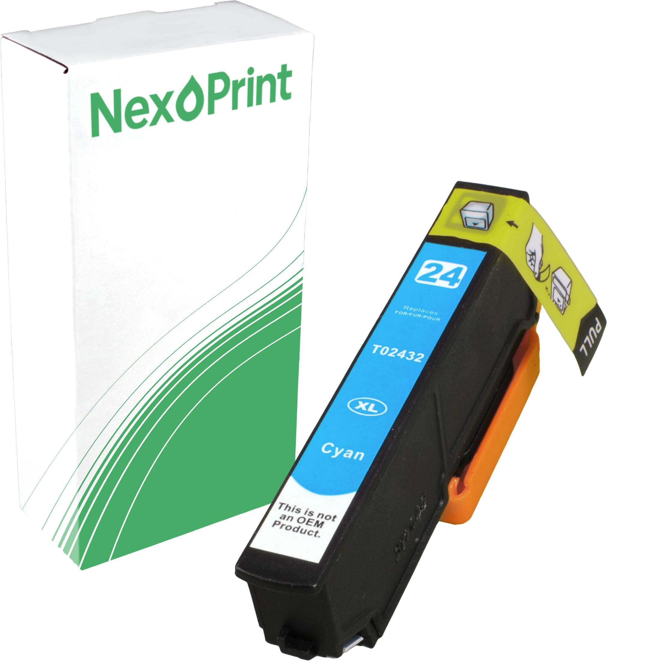 Ein mit der Marke 'NexPrint' versehener Cyan-Tintenpatrone, beschriftet mit '24 XL Cyan T02433', mit danebenliegender Verpackung.