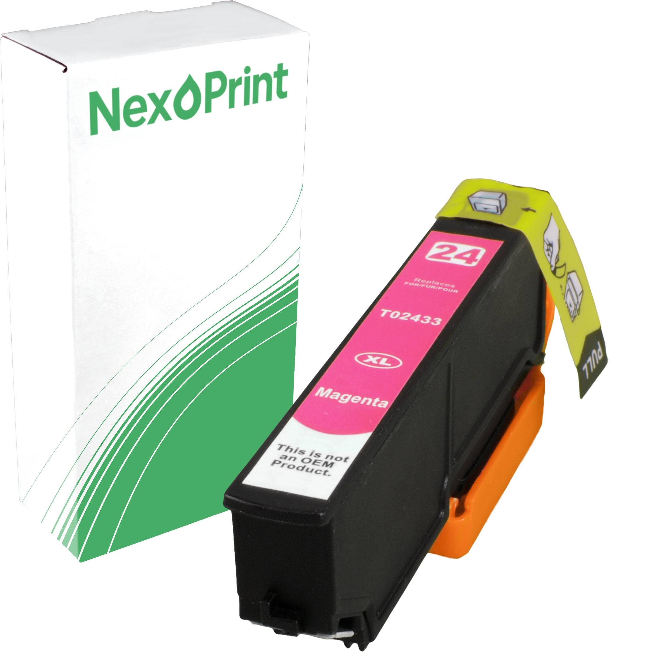 Druckerpatrone neben ihrer Verpackung, beschriftet mit 'NexPrint' und 'Magenta XL', was die Kompatibilität mit dem Epson 770 Modell anzeigt.