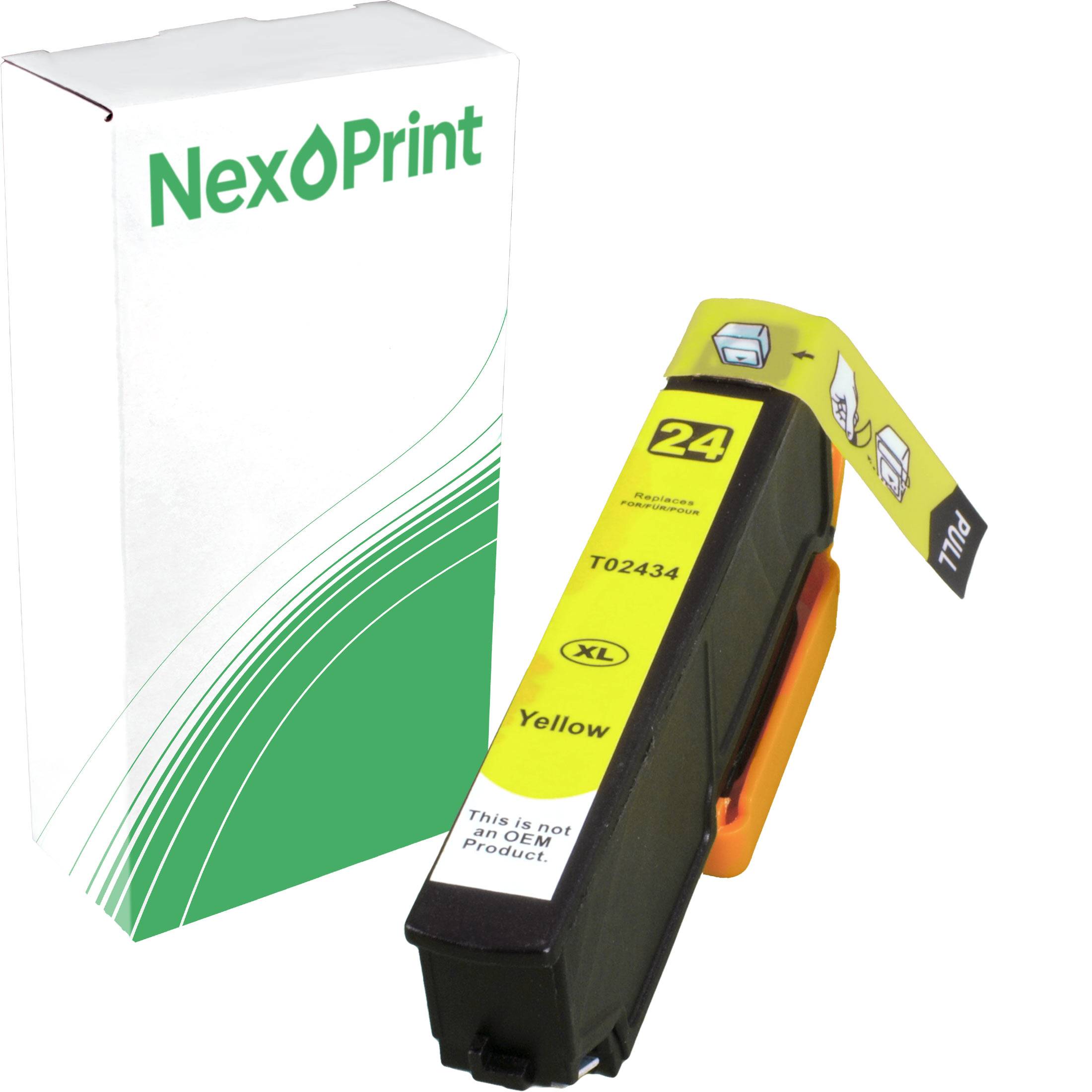 NexPrint' Marken-Tintenpatronenkarton mit einer gelben Tintenpatrone, beschriftet mit '24 XL T02434 Gelb'. Enthält eine 'Ziehen' Tab-Illustration.