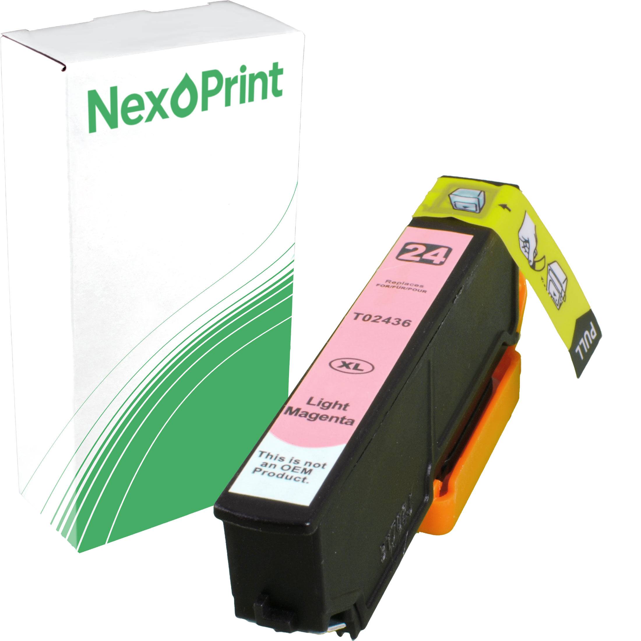 Die Abbildung zeigt eine NexPrint-Tintenpatronenbox neben einer hellmagentafarbenen Tintenpatrone mit der Beschriftung '24 XL' und einem gelben Zuglasche.