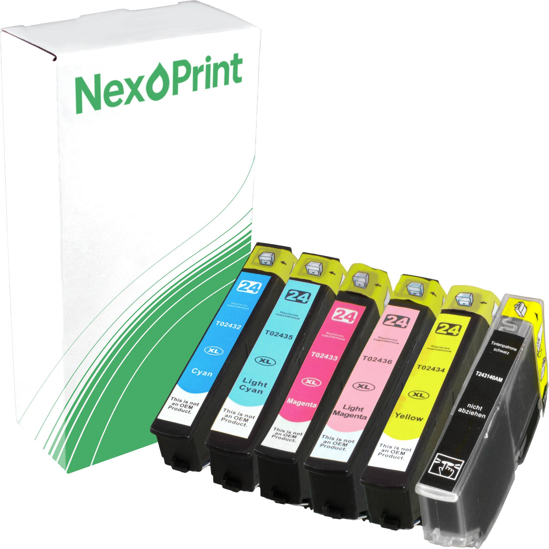 Eine Verpackung der Marke 'NexPrint' mit fünf Tintenpatronen in den Farben Cyan, Hellcyan, Magenta, Hellmagenta und Gelb, die in einer Reihe angeordnet sind.