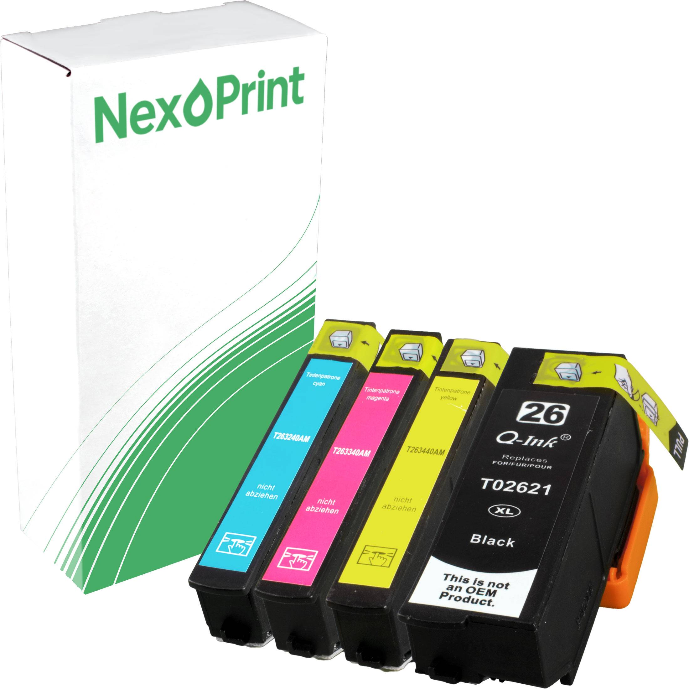 Vier Tintenpatronen in Verpackungen mit der Aufschrift „NexPrint