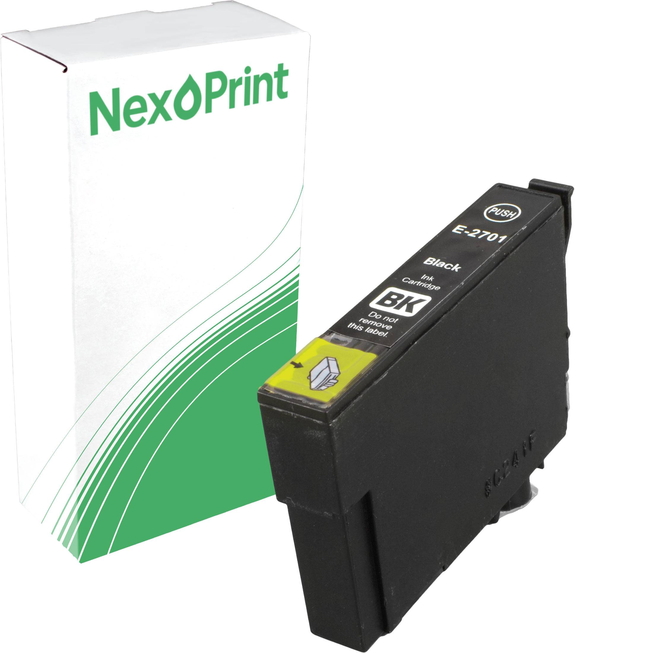 Schwarzpatrone E-2701, gezeigt in Verpackung der Marke 'NexPrint'. Geeignet für Drucker, mit Betonung auf Kompatibilität und Tintentyp.