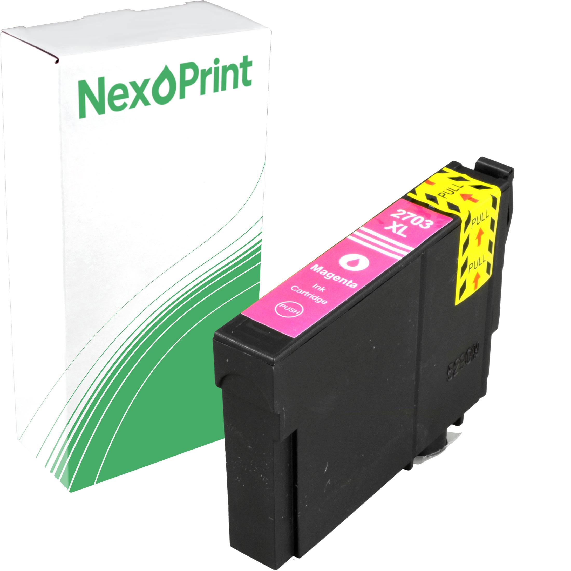Eine 'NexPrint' Druckerpatronenbox mit grüner Grafik steht neben einer magentafarbenen XL 2703 Tintenpatrone und zeigt damit die Kompatibilität an.