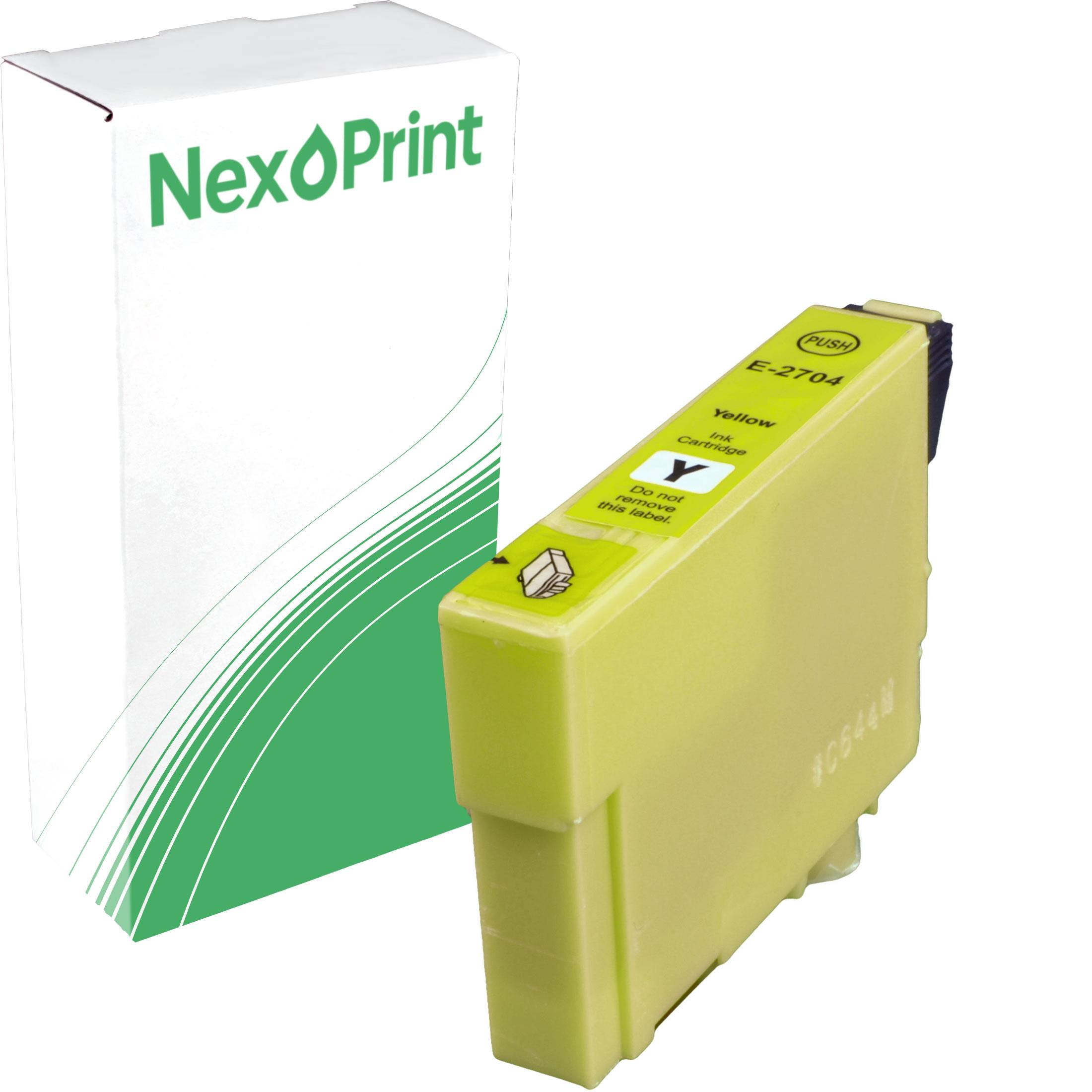 Eine gelbe Tintenpatrone für 'NexPrint'-Drucker wird neben ihrer Verpackung gezeigt, beschriftet mit 'E-2704' und 'gelb'.