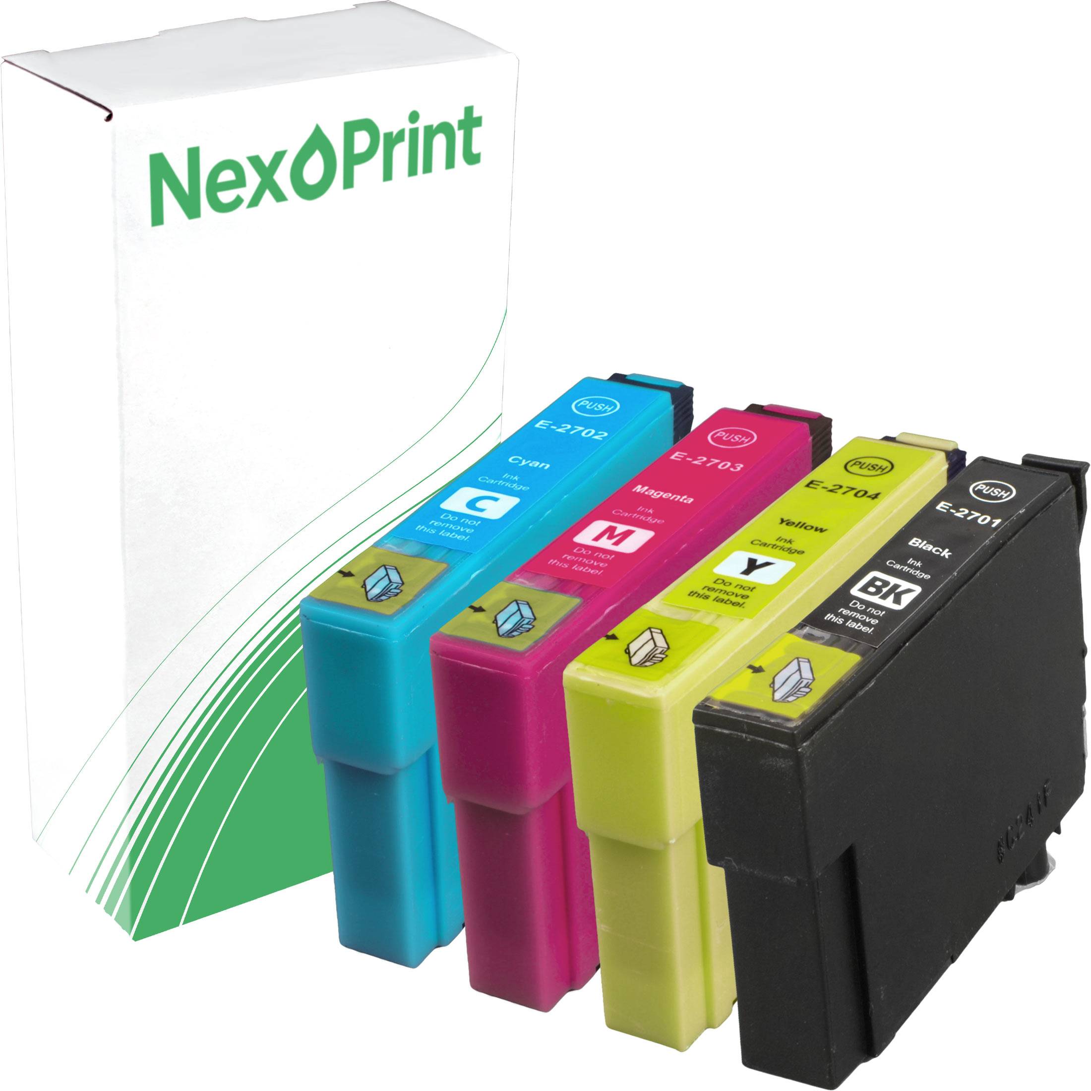 Ein Satz von vier Tintenpatronen (Cyan, Magenta, Gelb und Schwarz) neben einer Schachtel mit der Aufschrift 