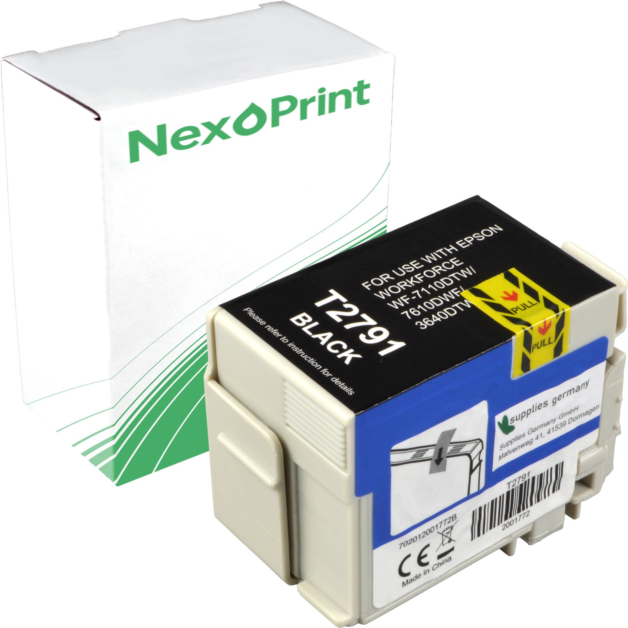 Schwarze Druckerpatrone 'T2791' für Epson-Drucker, Marke 'NexoPrint', mit Verpackung im Hintergrund und Produktdetails zur Kompatibilität.