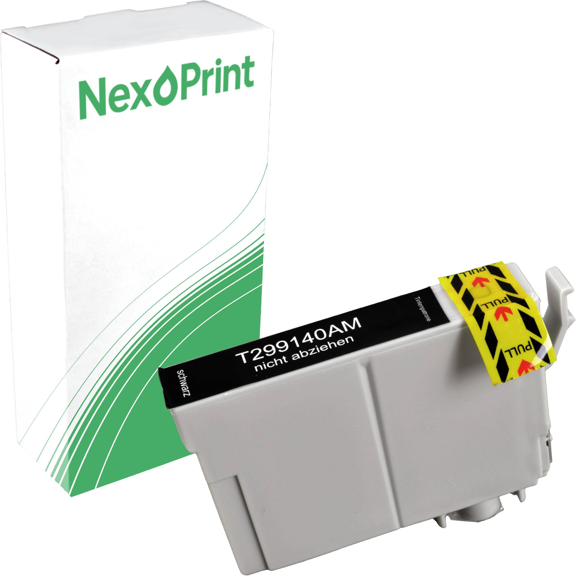 Weißer Druckerpatronen-Tintenpatrone mit der Bezeichnung 'T299140AM', die neben einer grün akzentuierten NexPrint-Verpackung liegt.